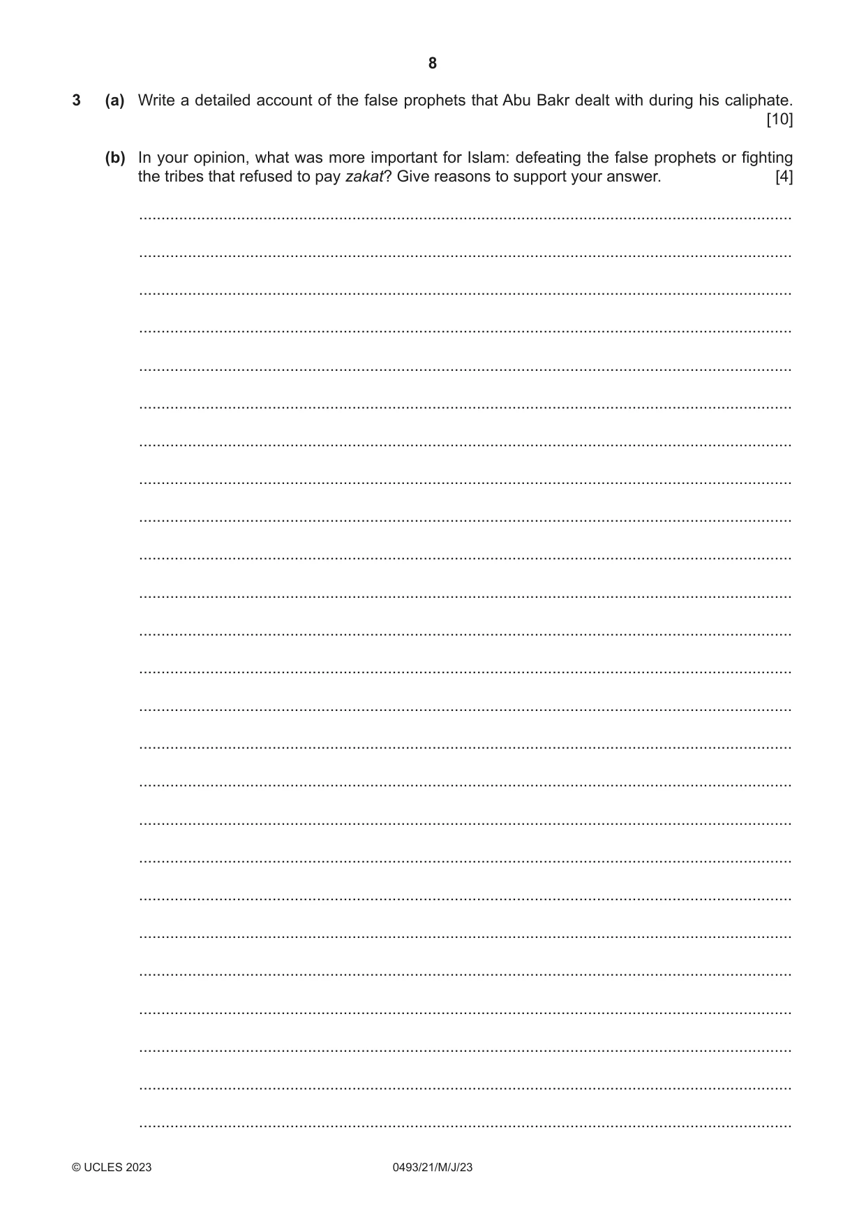 Cambridge IGCSE Islamiyat 0493 2023 May/June Paper 2 · Variant 1 question paper, page 8 of 16