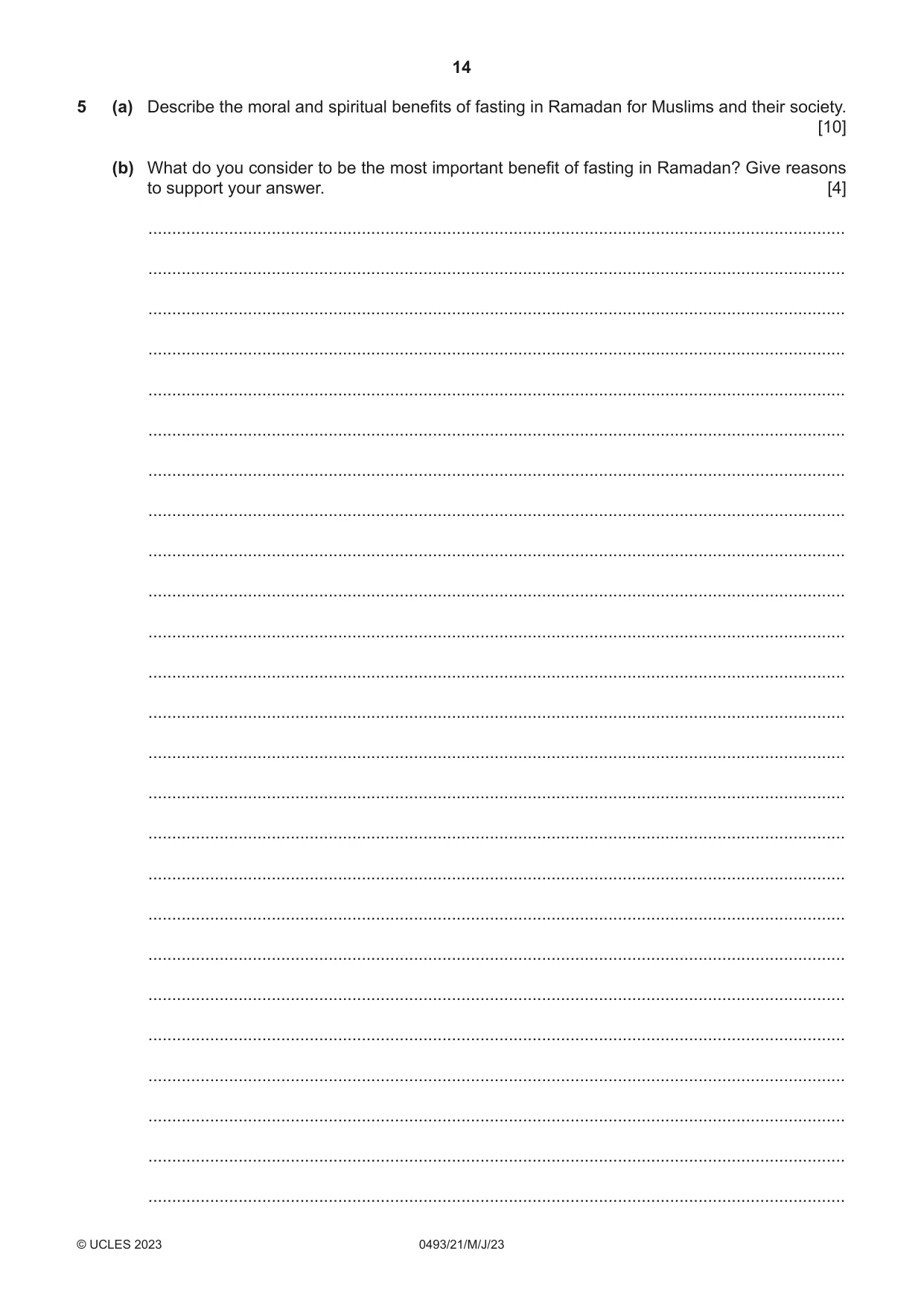 Cambridge IGCSE Islamiyat 0493 2023 May/June Paper 2 · Variant 1 question paper, page 14 of 16