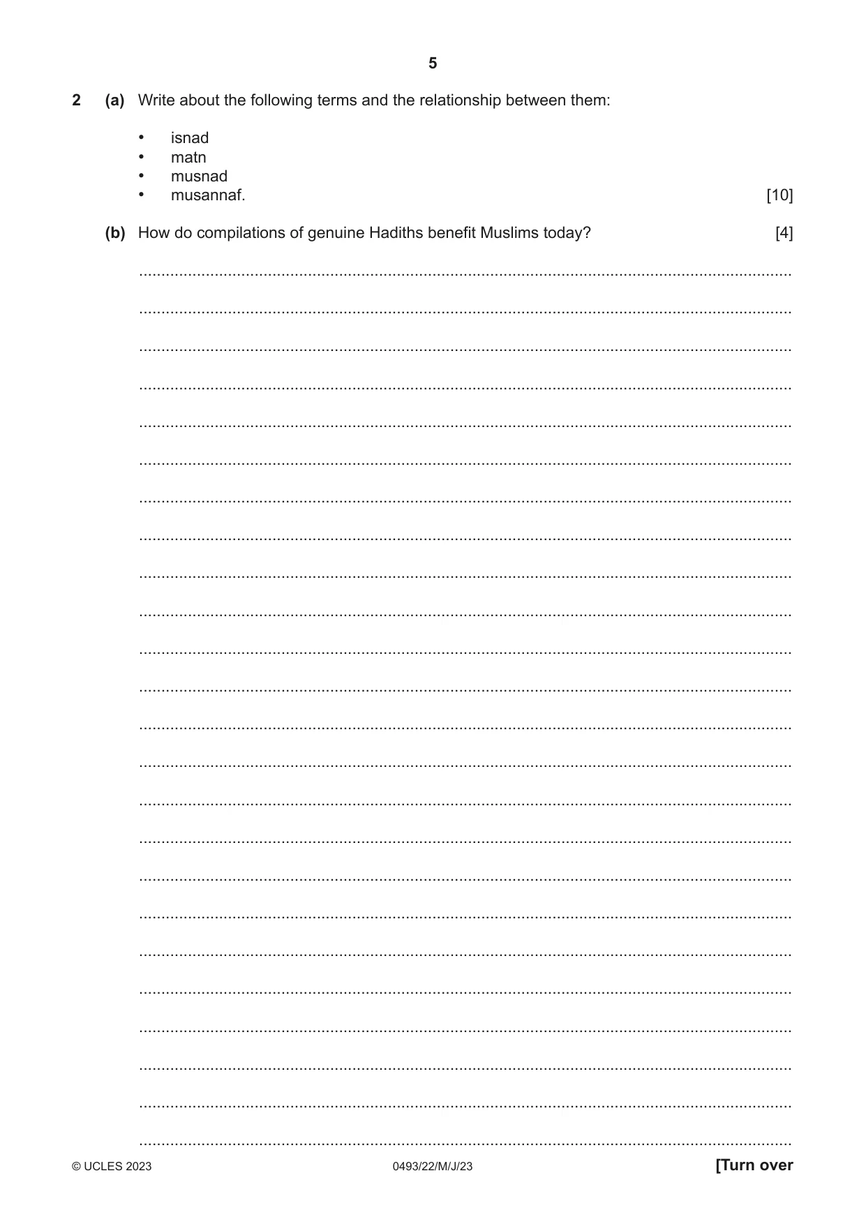 Cambridge IGCSE Islamiyat 0493 2023 May/June Paper 2 · Variant 2 question paper, page 5 of 16