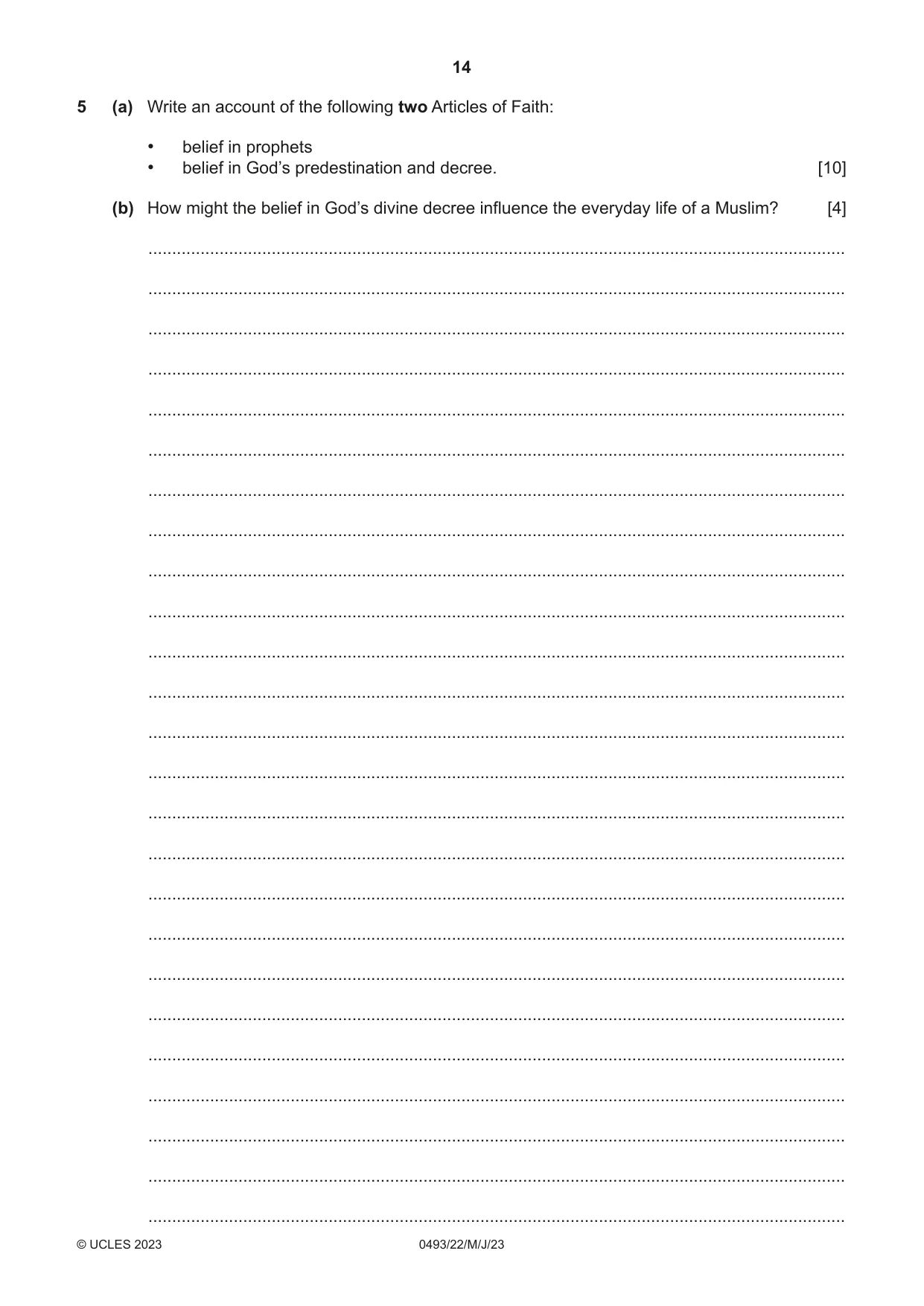 Cambridge IGCSE Islamiyat 0493 2023 May/June Paper 2 · Variant 2 question paper, page 14 of 16