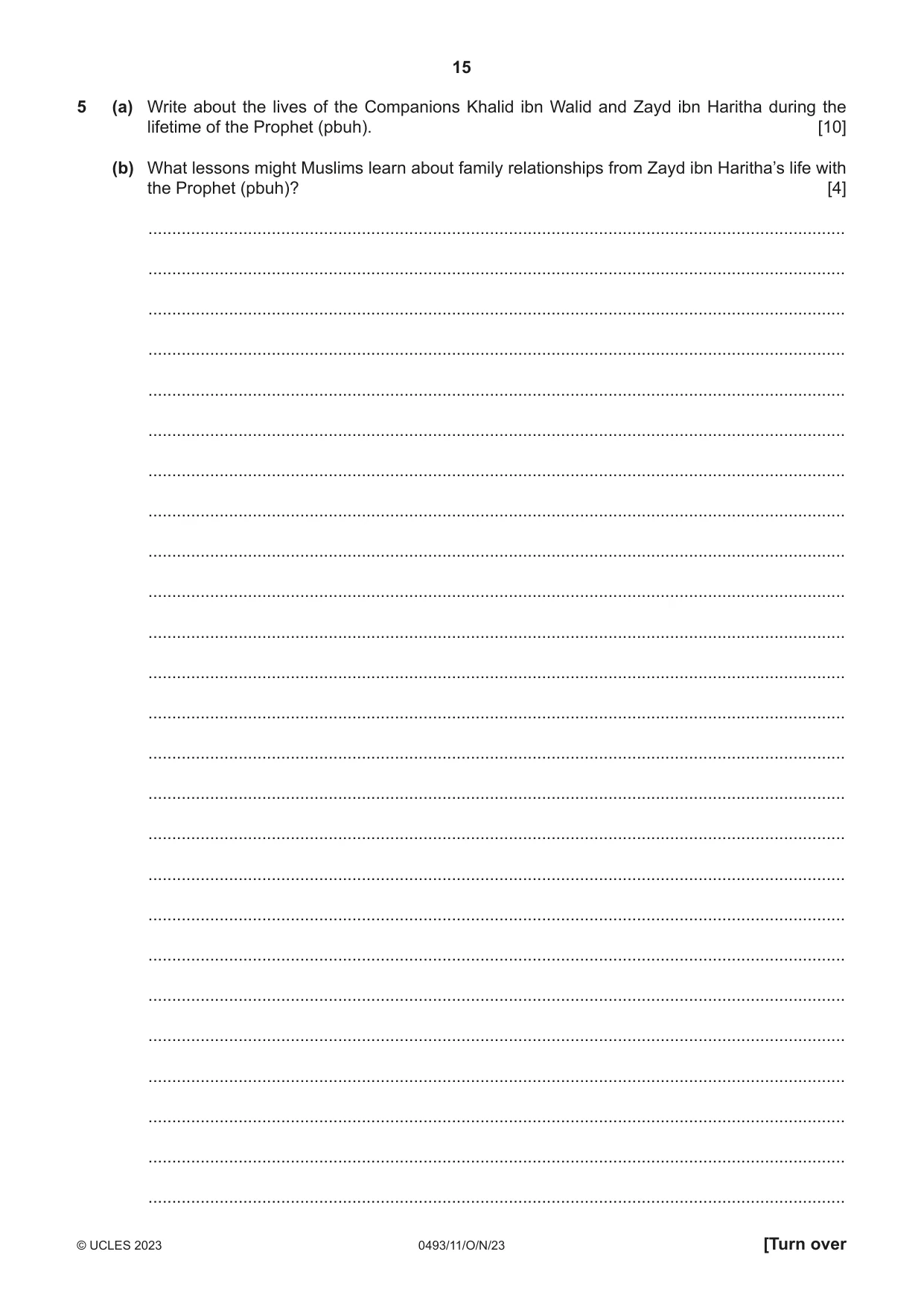 Cambridge IGCSE Islamiyat 0493 2023 Oct/Nov Paper 1 · Variant 1 question paper, page 15 of 20