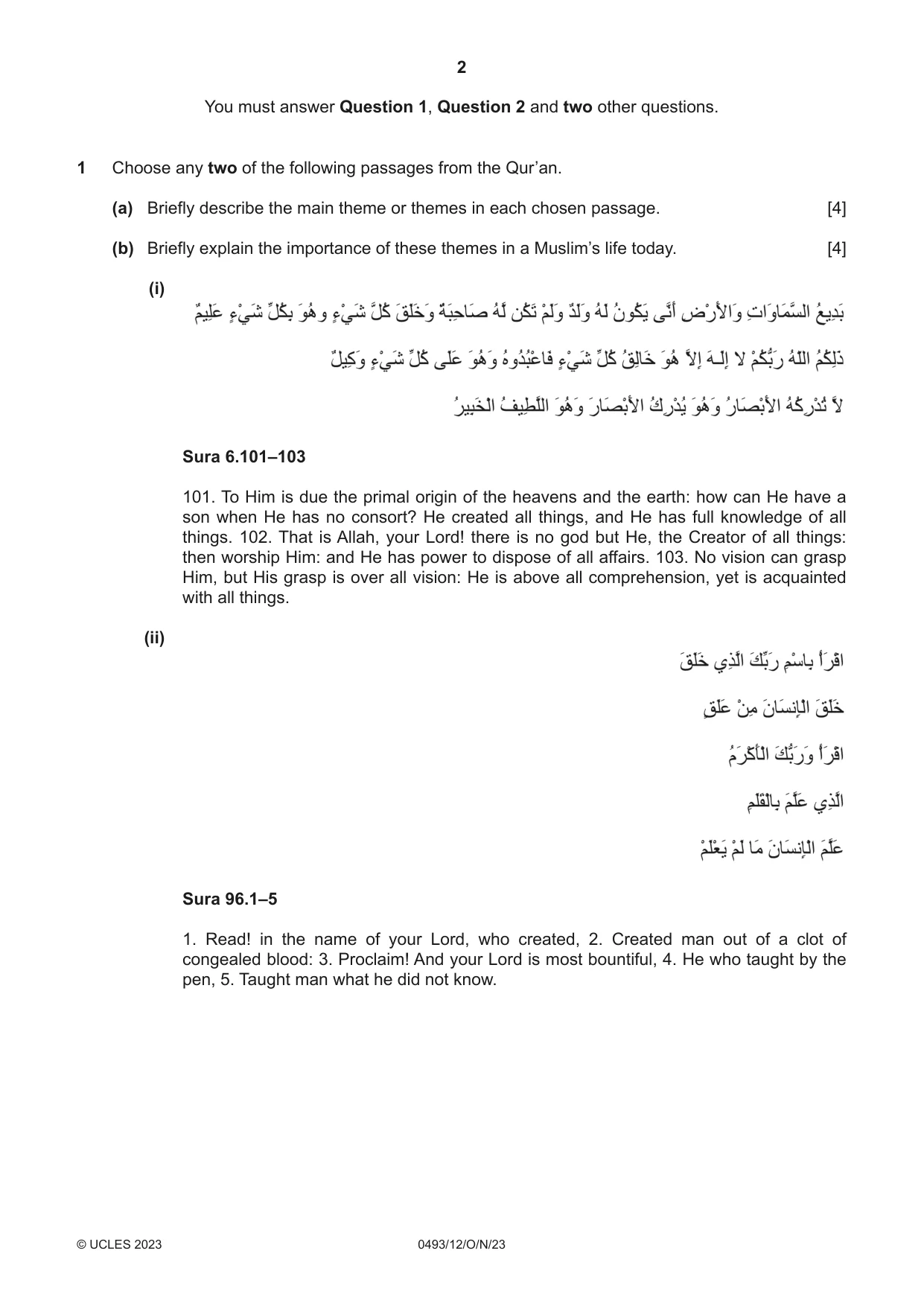 Cambridge IGCSE Islamiyat 0493 2023 Oct/Nov Paper 1 · Variant 2 question paper, page 2 of 20