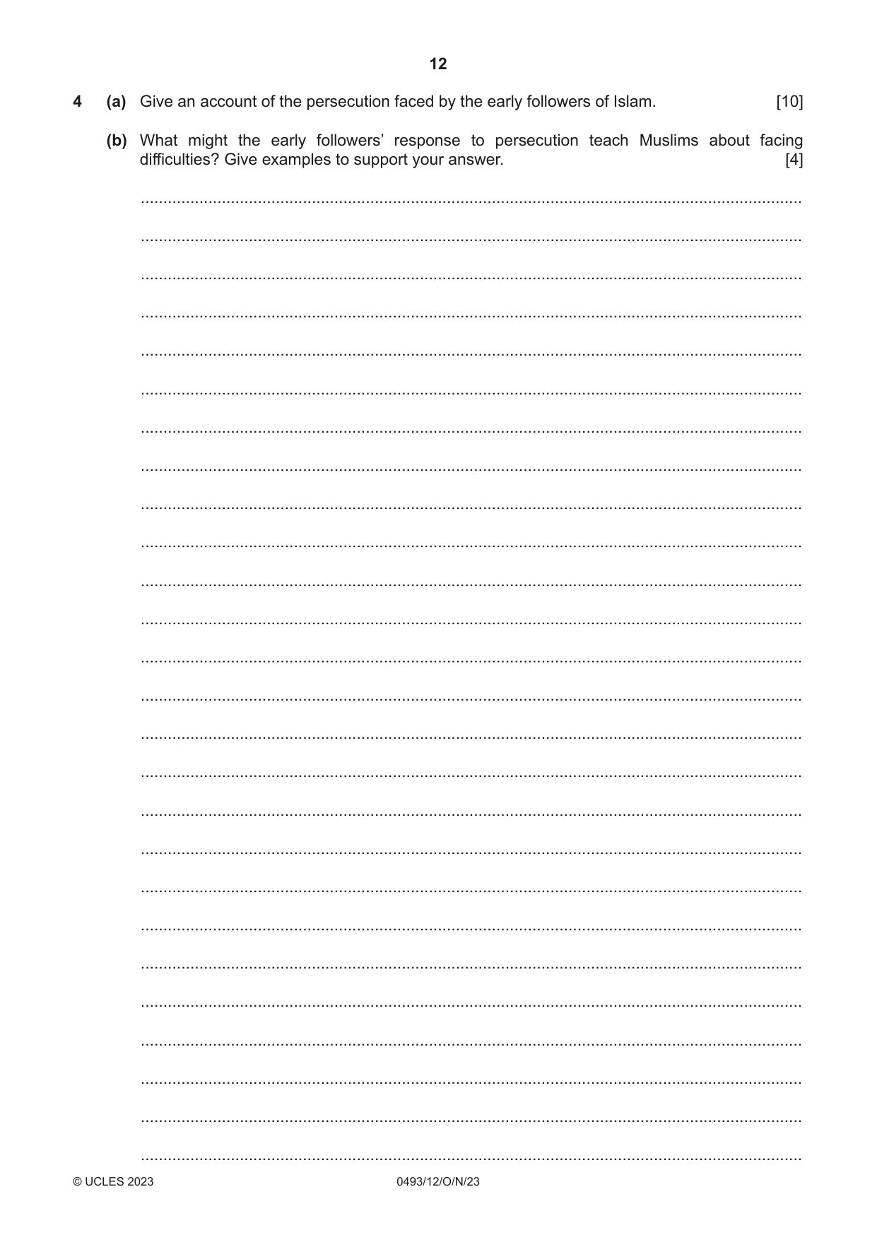 Cambridge IGCSE Islamiyat 0493 2023 Oct/Nov Paper 1 · Variant 2 question paper, page 12 of 20