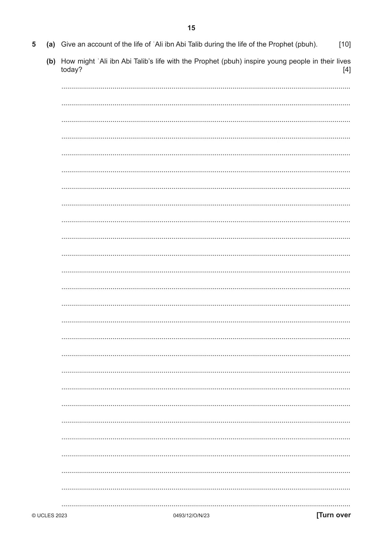 Cambridge IGCSE Islamiyat 0493 2023 Oct/Nov Paper 1 · Variant 2 question paper, page 15 of 20