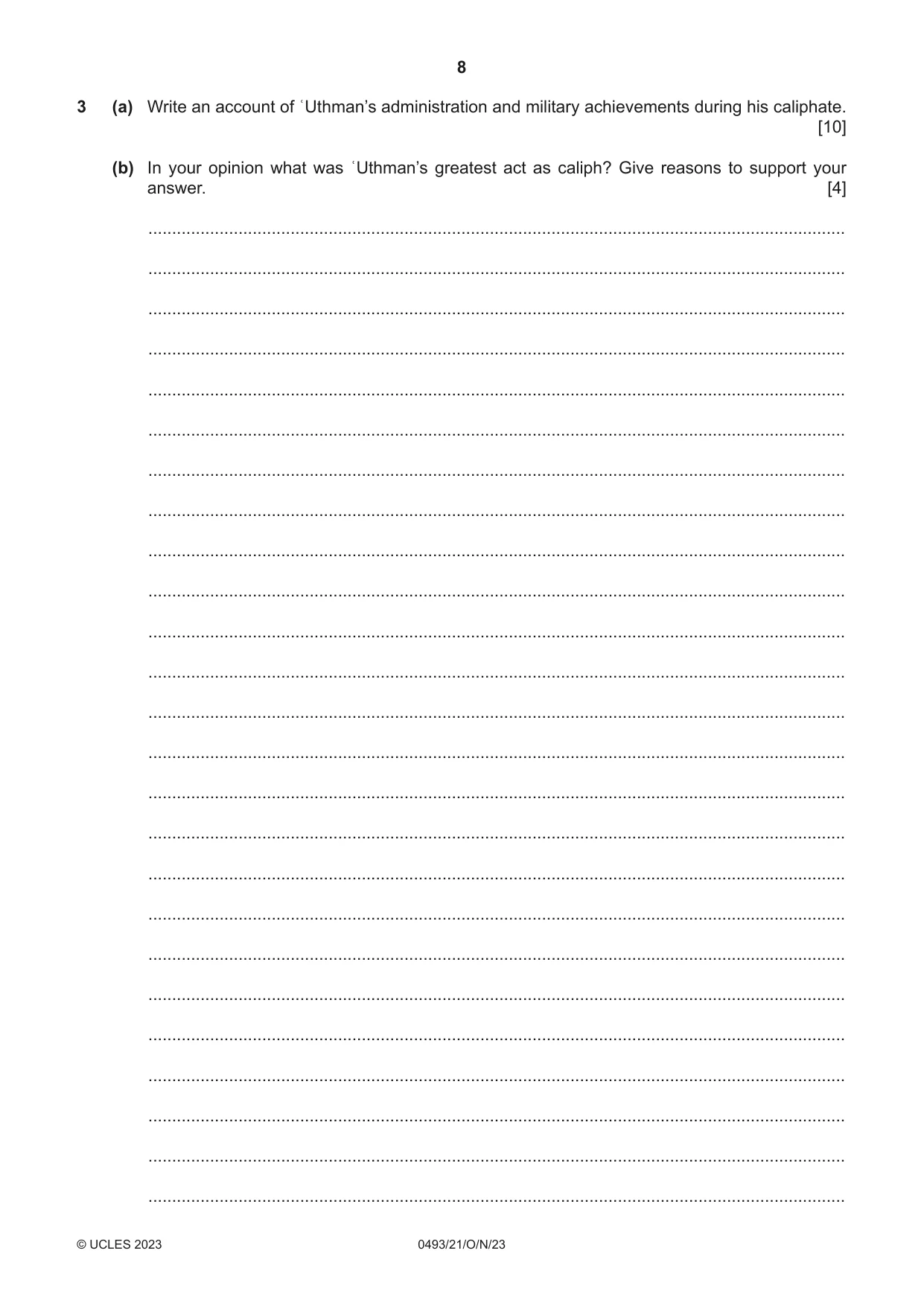 Cambridge IGCSE Islamiyat 0493 2023 Oct/Nov Paper 2 · Variant 1 question paper, page 8 of 16