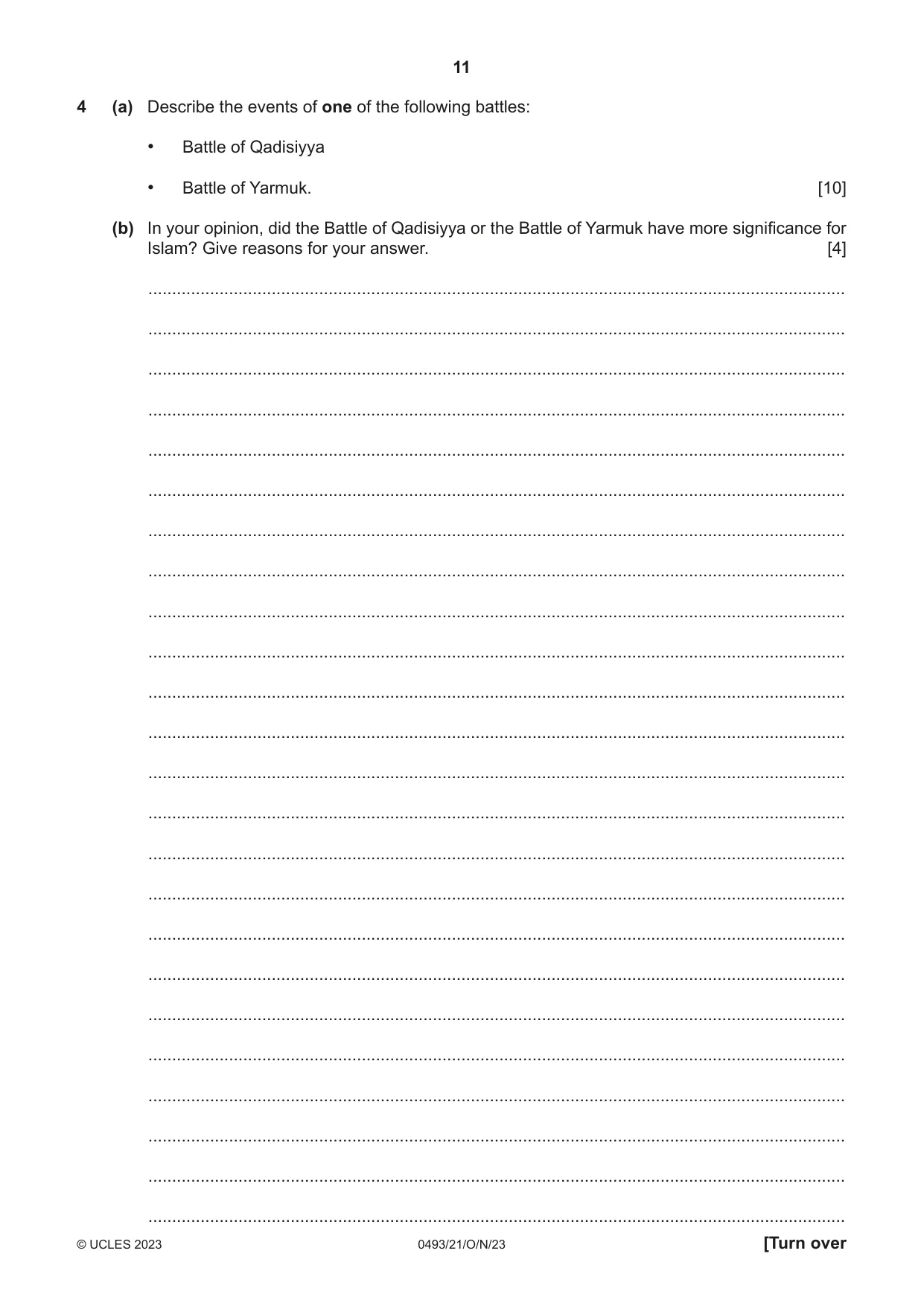 Cambridge IGCSE Islamiyat 0493 2023 Oct/Nov Paper 2 · Variant 1 question paper, page 11 of 16