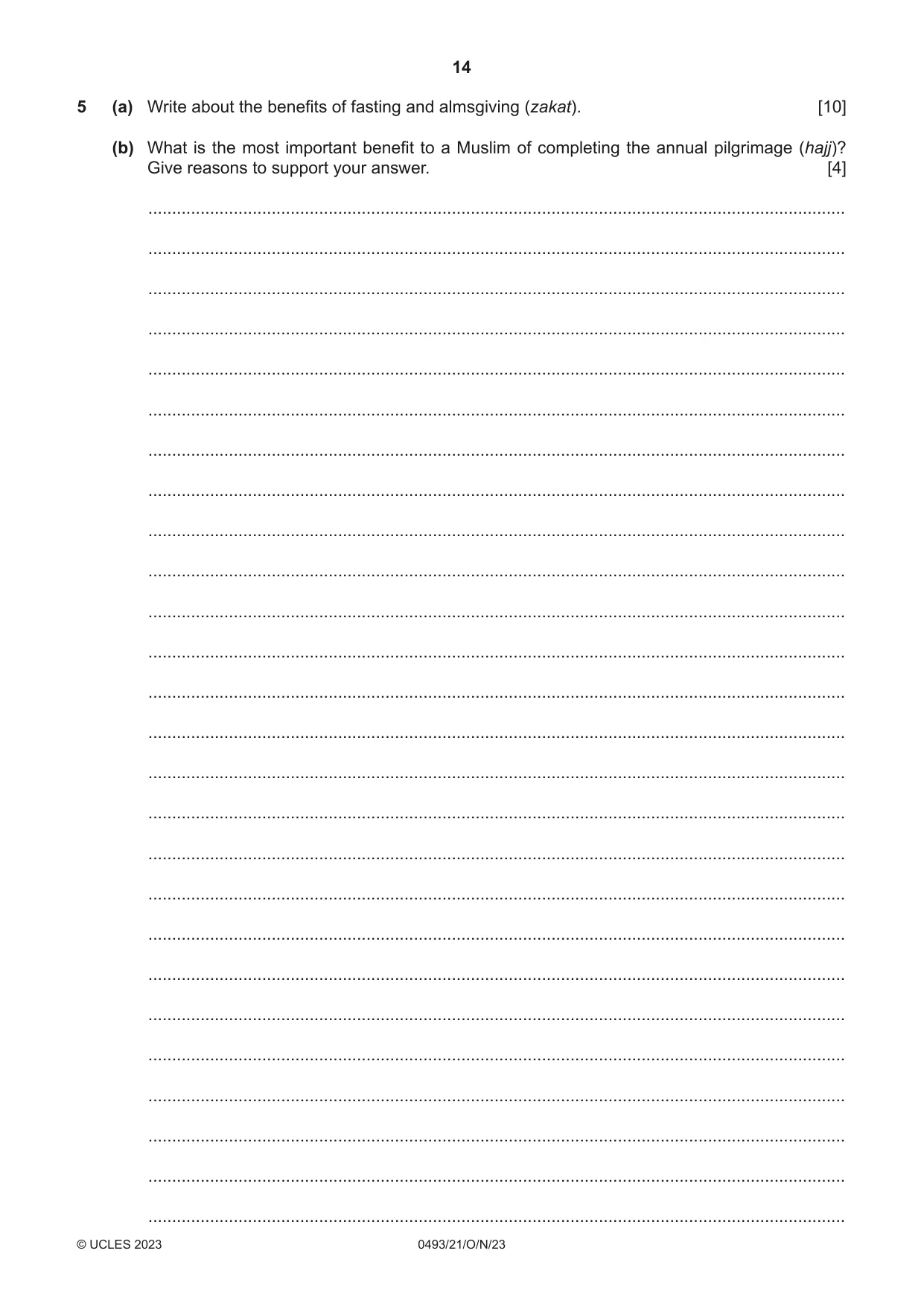 Cambridge IGCSE Islamiyat 0493 2023 Oct/Nov Paper 2 · Variant 1 question paper, page 14 of 16