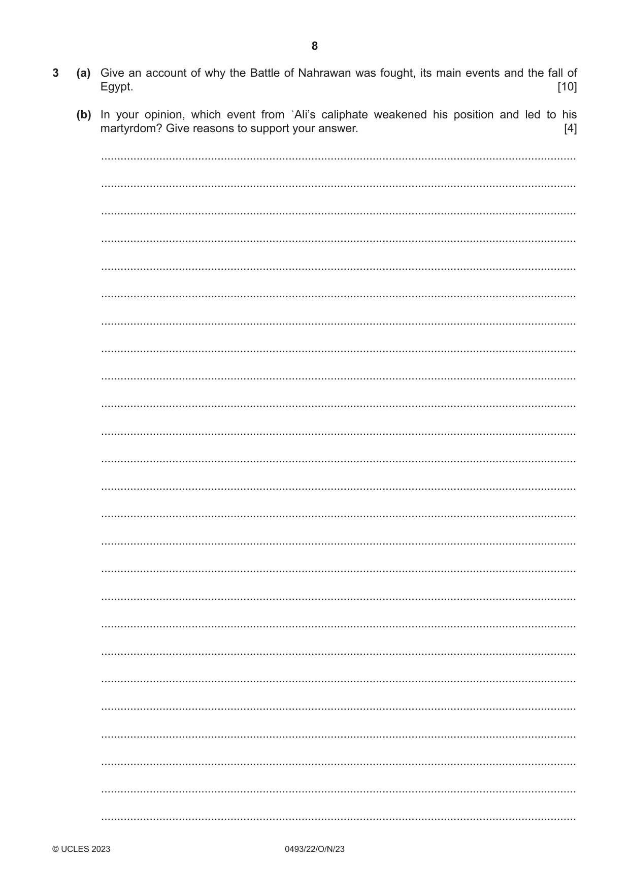 Cambridge IGCSE Islamiyat 0493 2023 Oct/Nov Paper 2 · Variant 2 question paper, page 8 of 16
