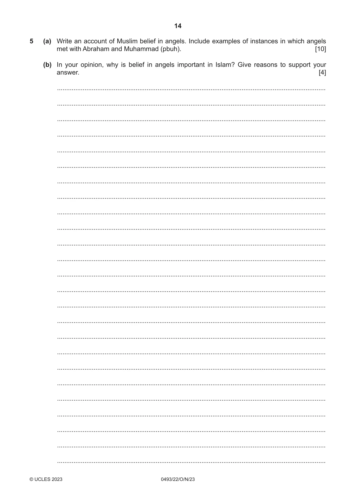 Cambridge IGCSE Islamiyat 0493 2023 Oct/Nov Paper 2 · Variant 2 question paper, page 14 of 16