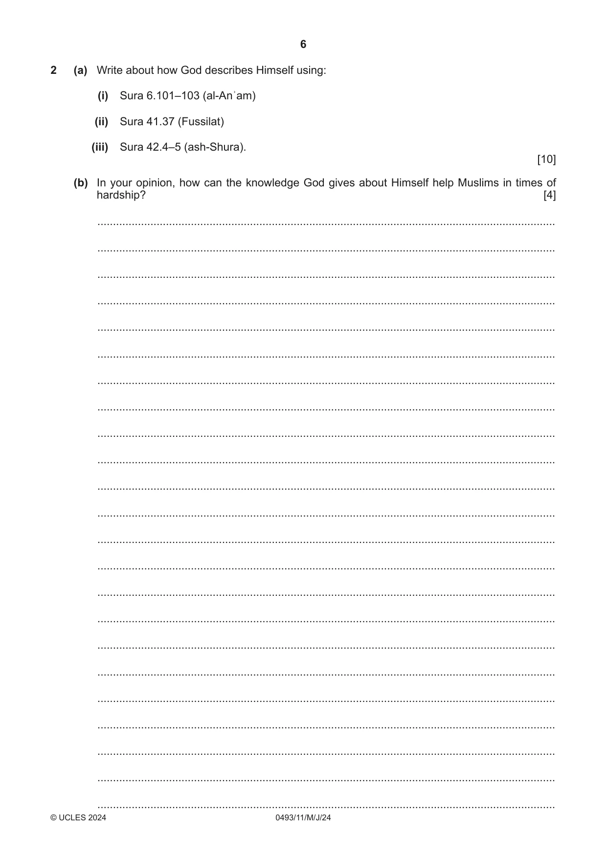 Cambridge IGCSE Islamiyat 0493 2024 May/June Paper 1 · Variant 1 question paper, page 6 of 20
