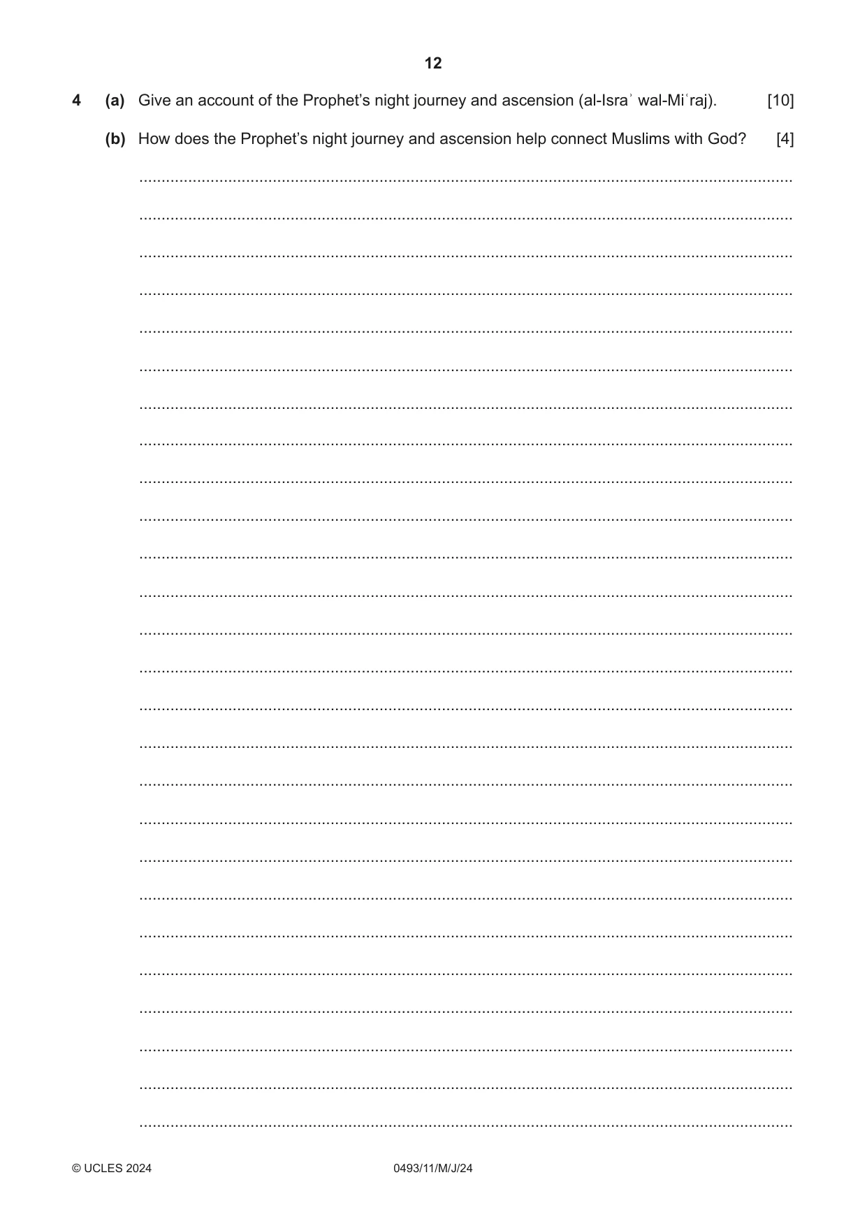 Cambridge IGCSE Islamiyat 0493 2024 May/June Paper 1 · Variant 1 question paper, page 12 of 20