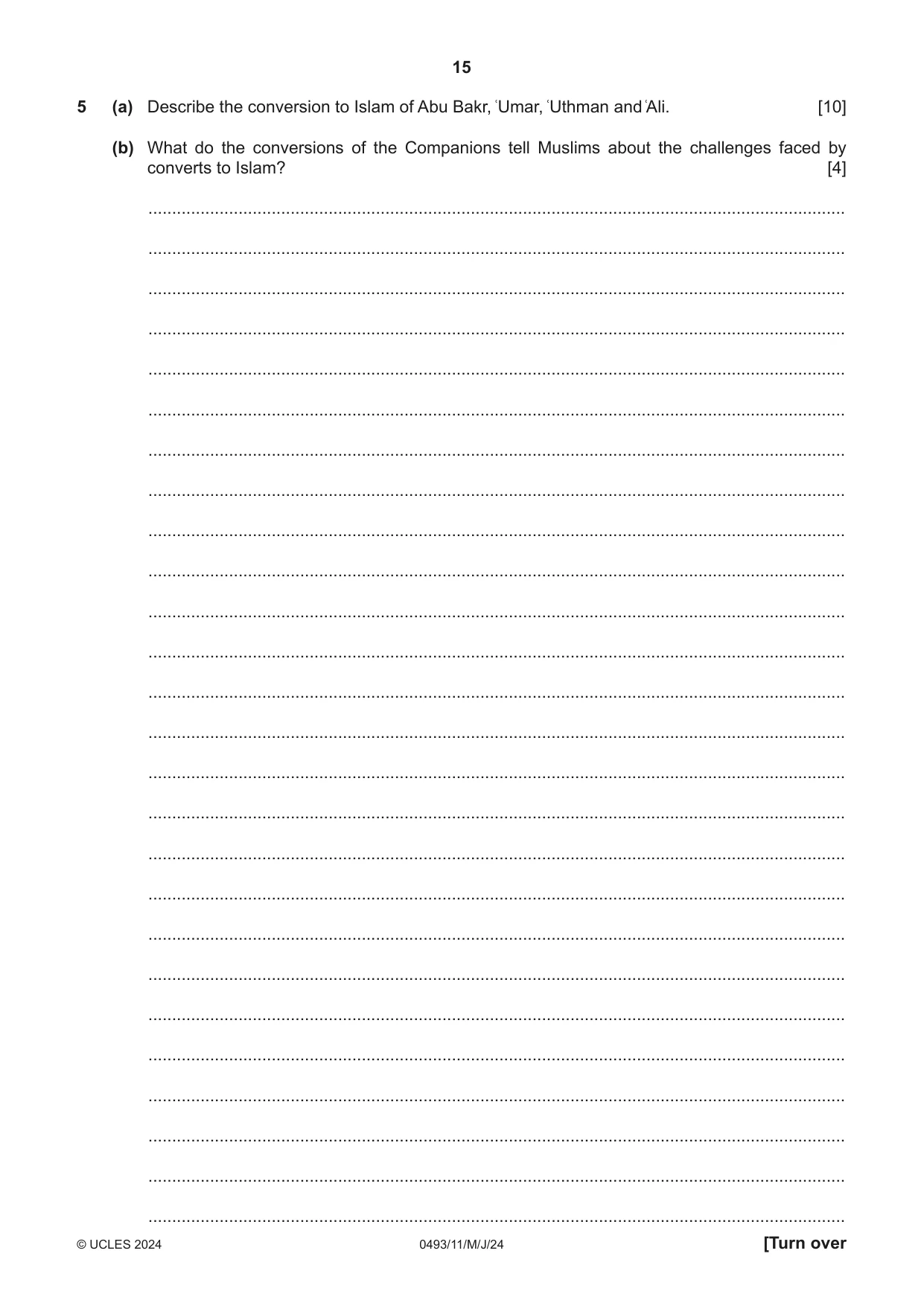 Cambridge IGCSE Islamiyat 0493 2024 May/June Paper 1 · Variant 1 question paper, page 15 of 20