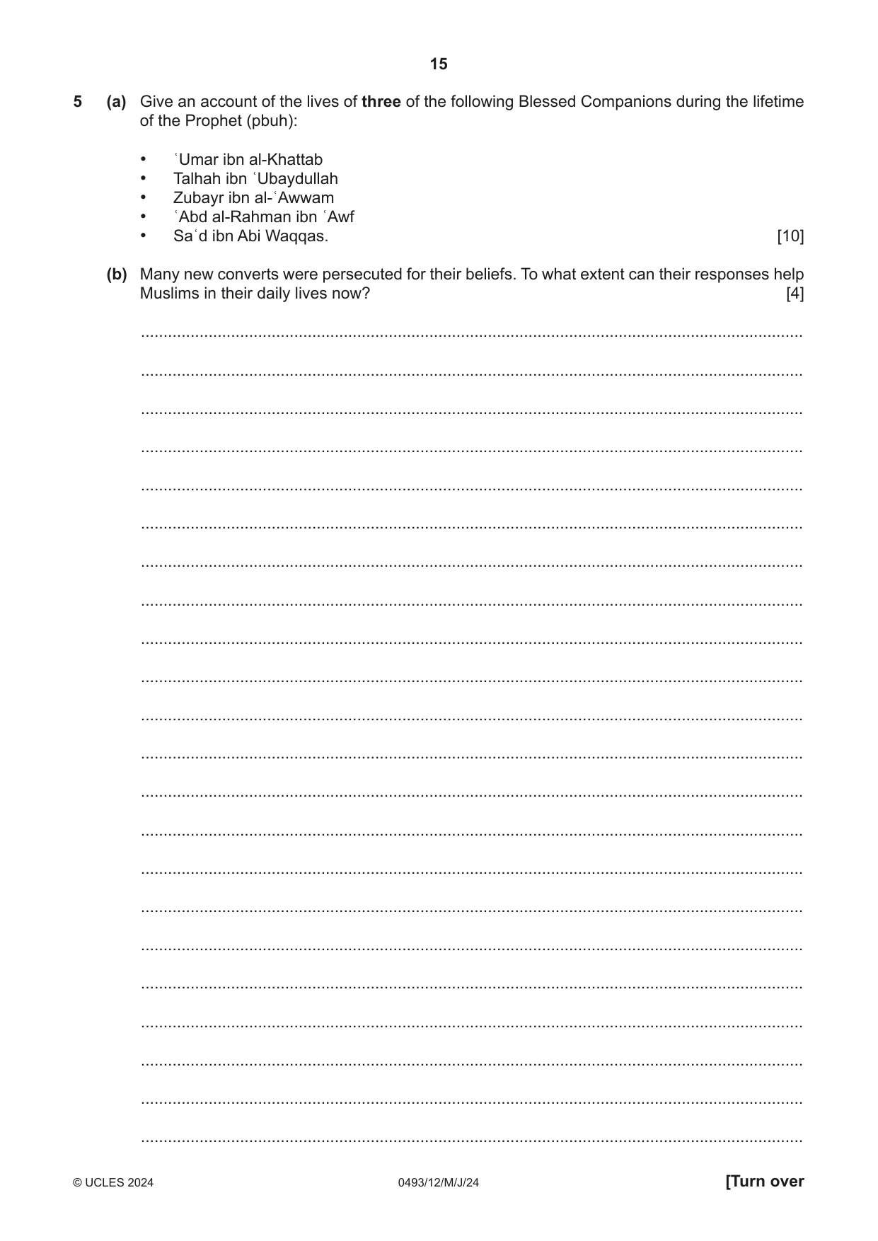 Cambridge IGCSE Islamiyat 0493 2024 May/June Paper 1 · Variant 2 question paper, page 15 of 20
