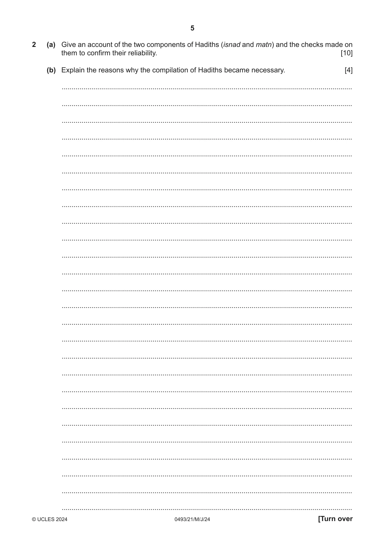 Cambridge IGCSE Islamiyat 0493 2024 May/June Paper 2 · Variant 1 question paper, page 5 of 16