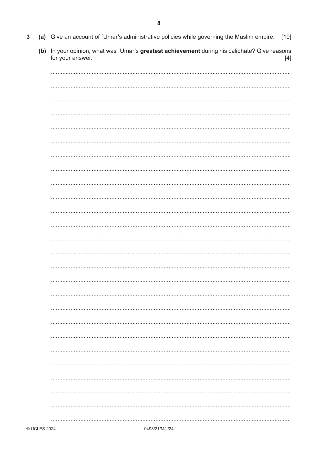 Cambridge IGCSE Islamiyat 0493 2024 May/June Paper 2 · Variant 1 question paper, page 8 of 16