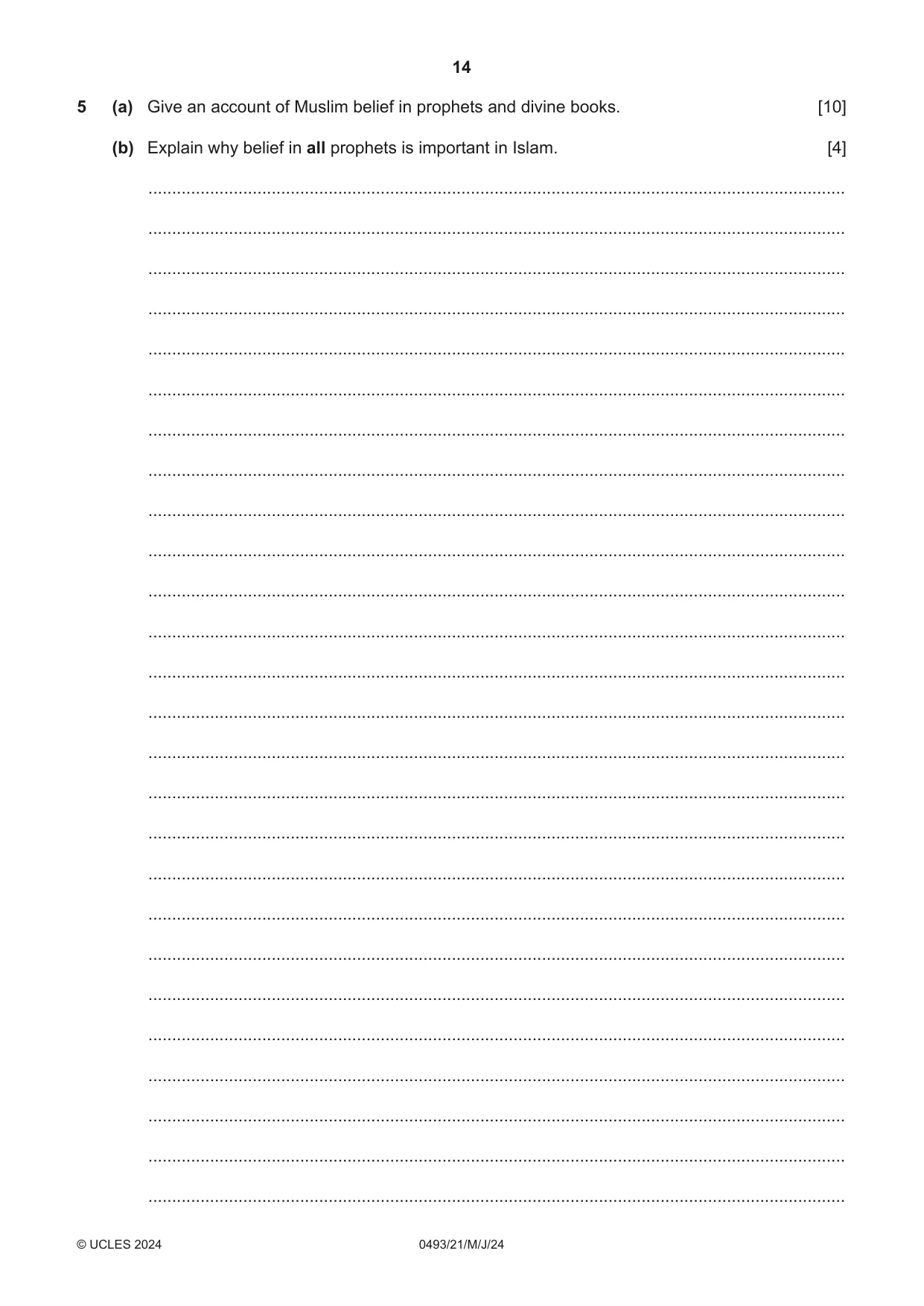 Cambridge IGCSE Islamiyat 0493 2024 May/June Paper 2 · Variant 1 question paper, page 14 of 16