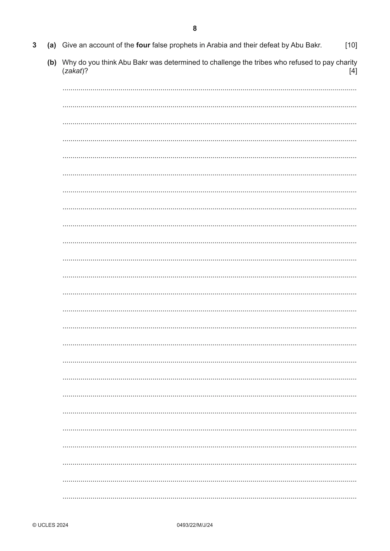 Cambridge IGCSE Islamiyat 0493 2024 May/June Paper 2 · Variant 2 question paper, page 8 of 16