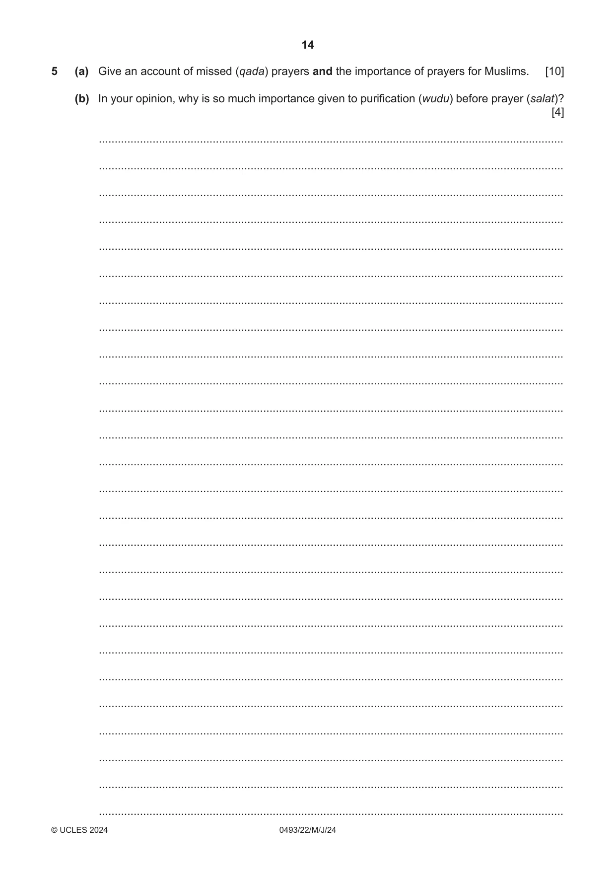 Cambridge IGCSE Islamiyat 0493 2024 May/June Paper 2 · Variant 2 question paper, page 14 of 16