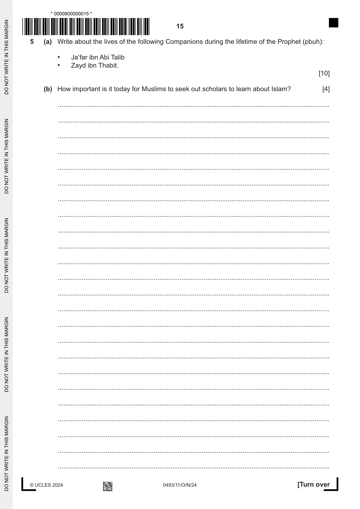 Cambridge IGCSE Islamiyat 0493 2024 Oct/Nov Paper 1 · Variant 1 question paper, page 15 of 20