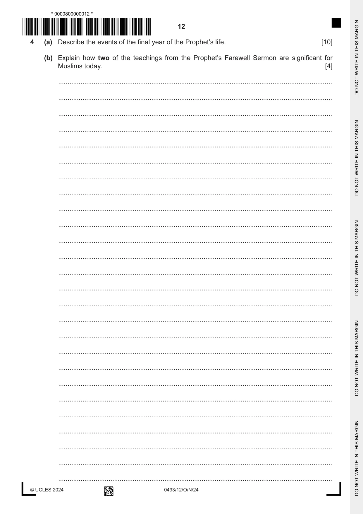 Cambridge IGCSE Islamiyat 0493 2024 Oct/Nov Paper 1 · Variant 2 question paper, page 12 of 20