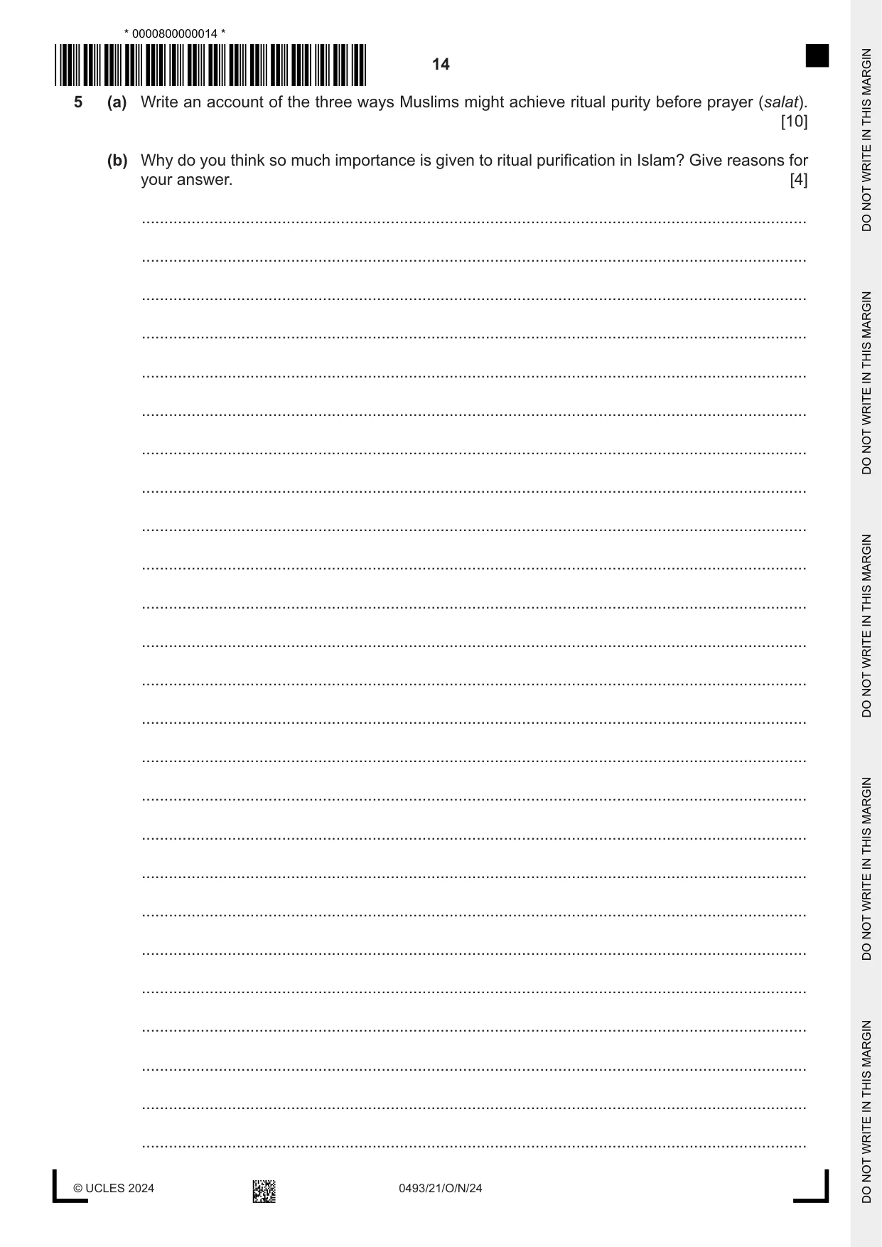 Cambridge IGCSE Islamiyat 0493 2024 Oct/Nov Paper 2 · Variant 1 question paper, page 14 of 16