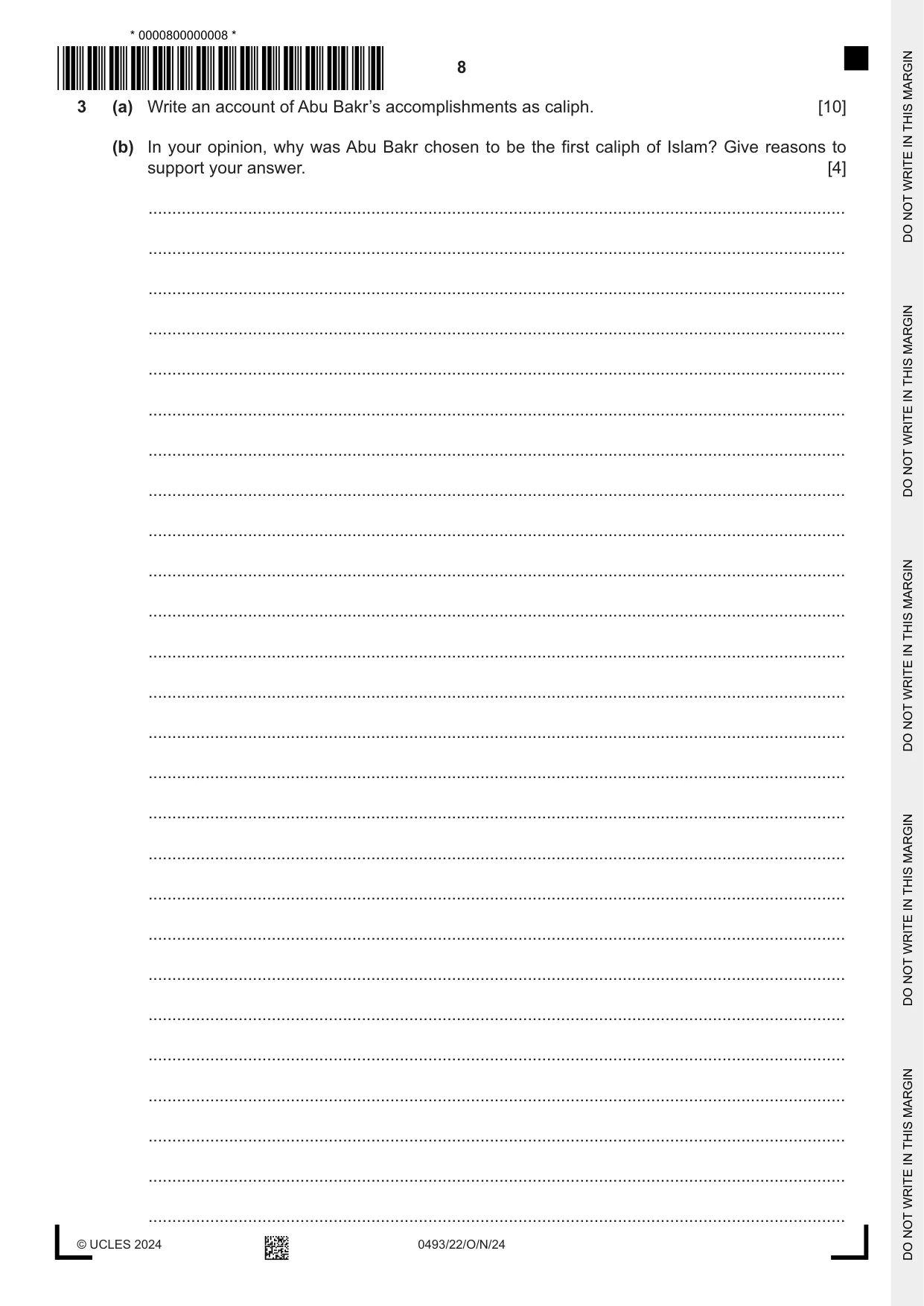 Cambridge IGCSE Islamiyat 0493 2024 Oct/Nov Paper 2 · Variant 2 question paper, page 8 of 16