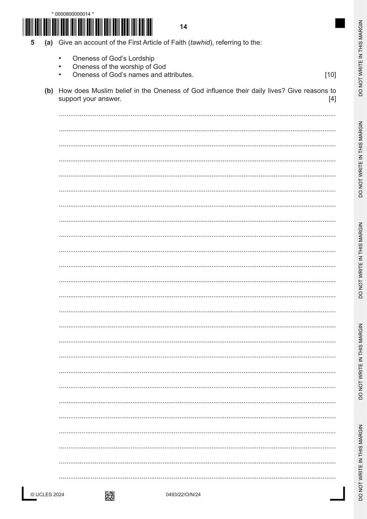 Cambridge IGCSE Islamiyat 0493 2024 Oct/Nov Paper 2 · Variant 2 question paper, page 14 of 16