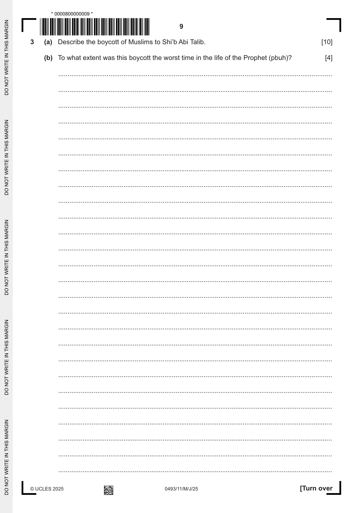 Cambridge IGCSE Islamiyat 0493 2025 May/June Paper 1 · Variant 1 question paper, page 9 of 20