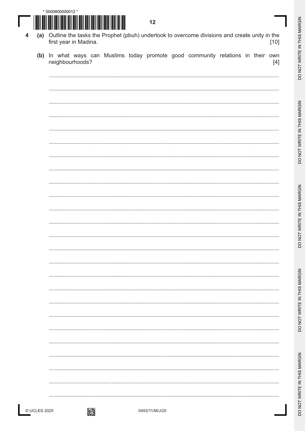 Cambridge IGCSE Islamiyat 0493 2025 May/June Paper 1 · Variant 1 question paper, page 12 of 20