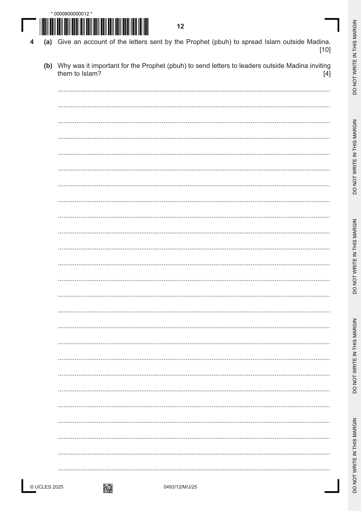 Cambridge IGCSE Islamiyat 0493 2025 May/June Paper 1 · Variant 2 question paper, page 12 of 20