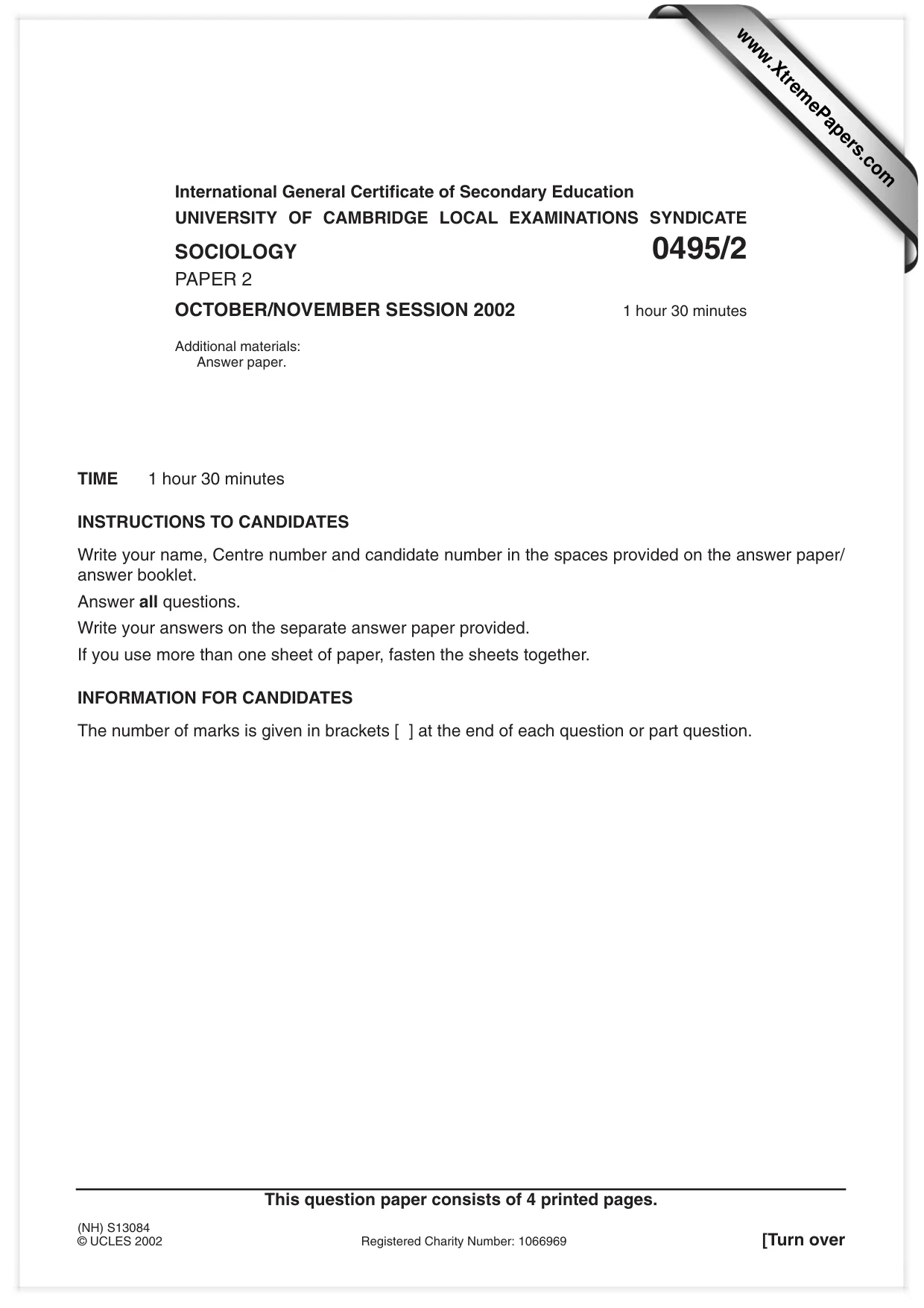 Cambridge IGCSE Sociology 0495 2002 Oct/Nov Paper 2 · Variant 1 question paper, page 1 of 4
