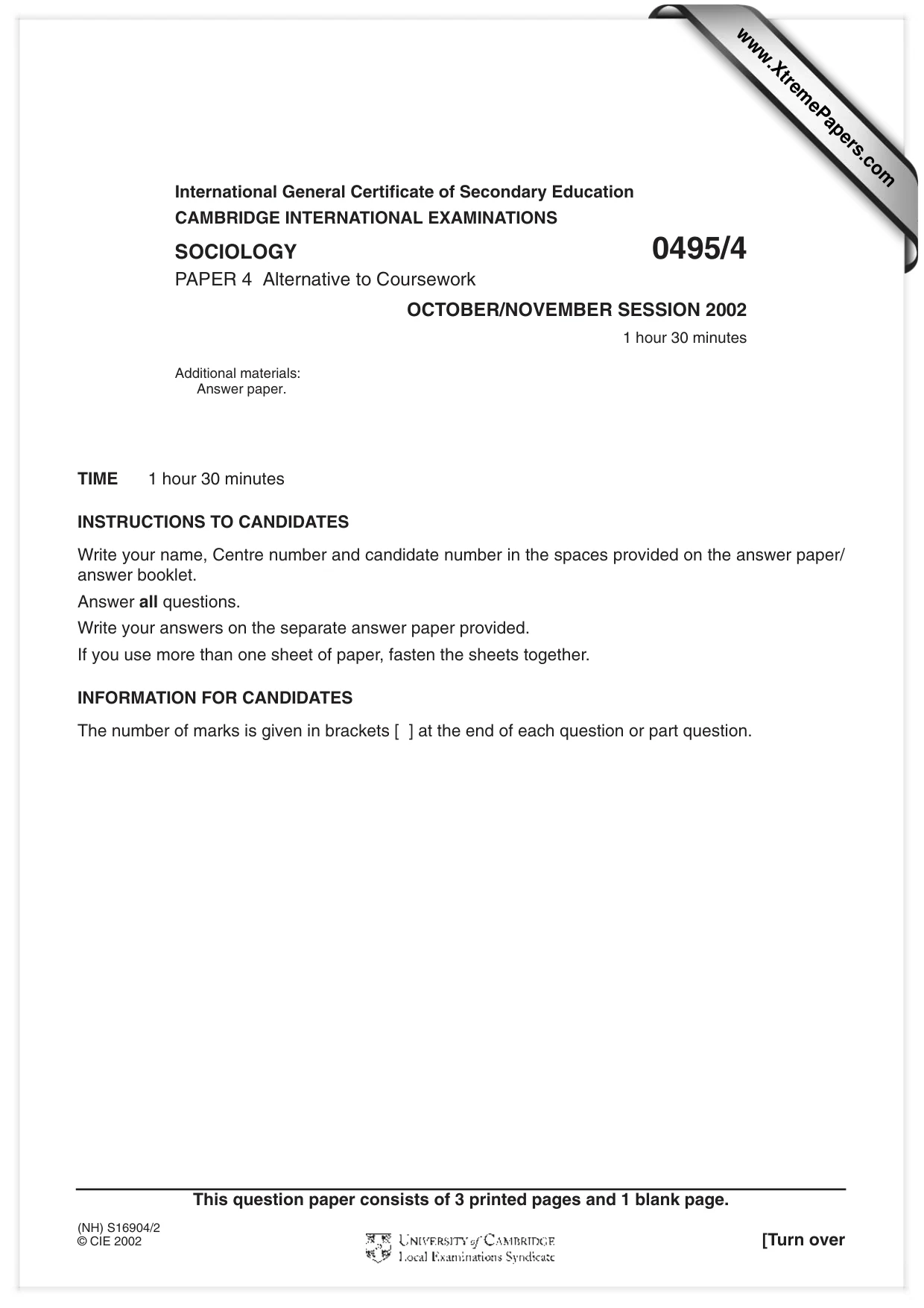 Cambridge IGCSE Sociology 0495 2002 Oct/Nov Paper 4 · Variant 1 question paper, page 1 of 4