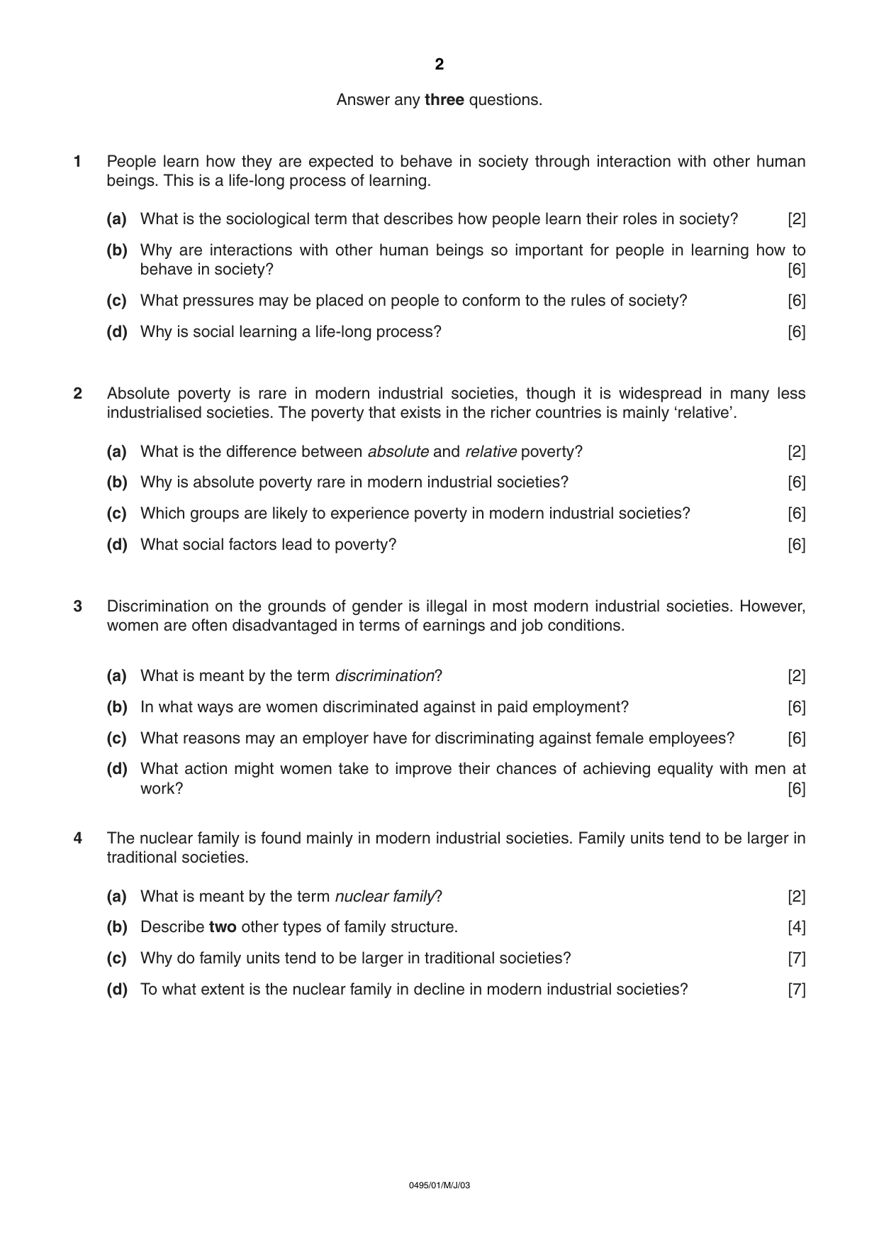 Cambridge IGCSE Sociology 0495 2003 May/June Paper 1 · Variant 1 question paper, page 2 of 4