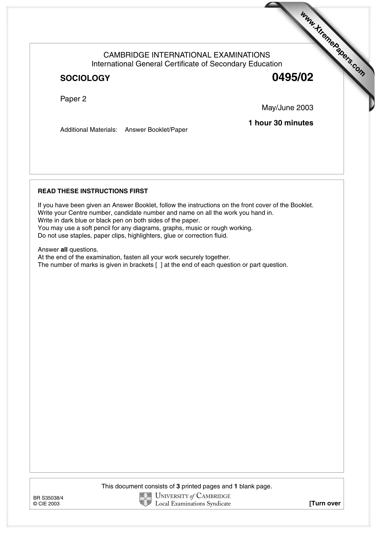 Cambridge IGCSE Sociology 0495 2003 May/June Paper 2 · Variant 1 question paper, page 1 of 4