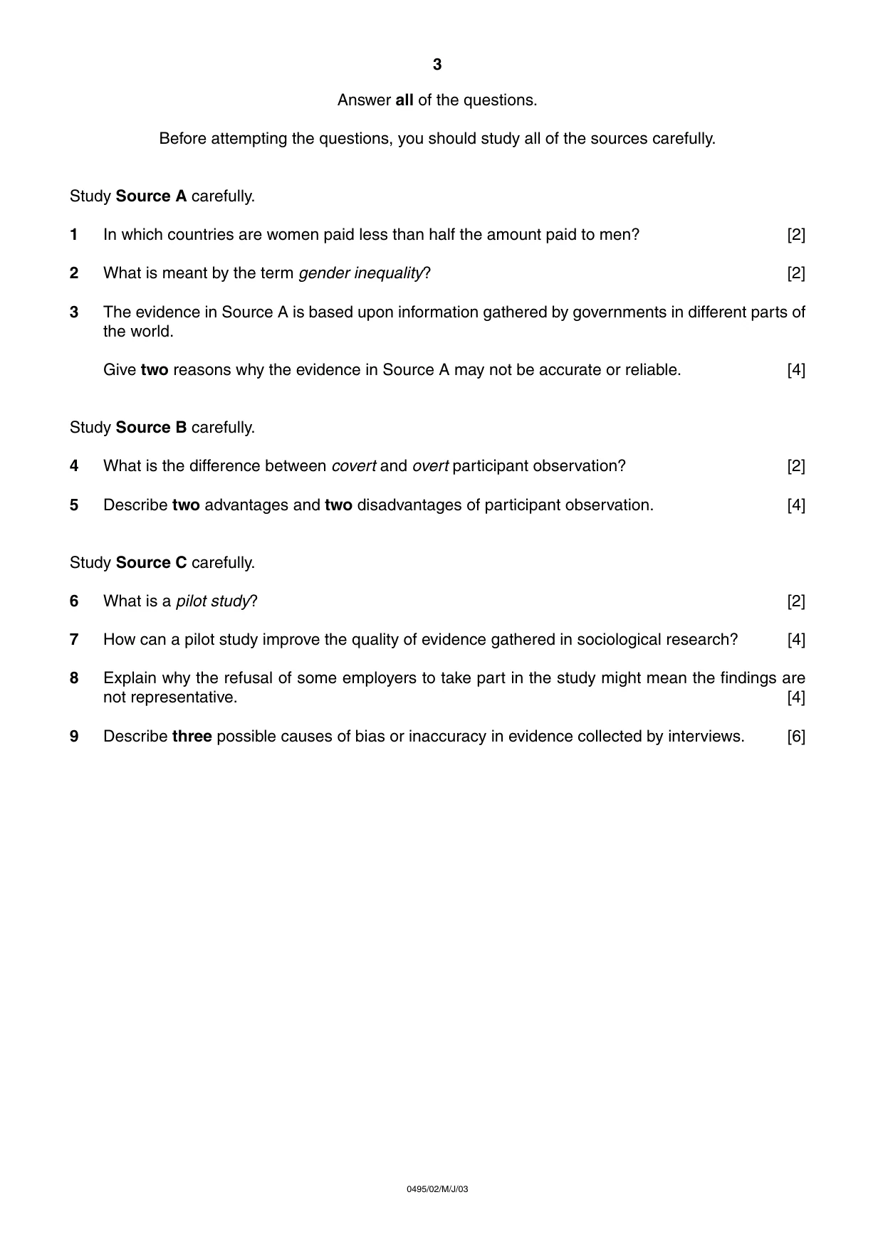 Cambridge IGCSE Sociology 0495 2003 May/June Paper 2 · Variant 1 question paper, page 3 of 4