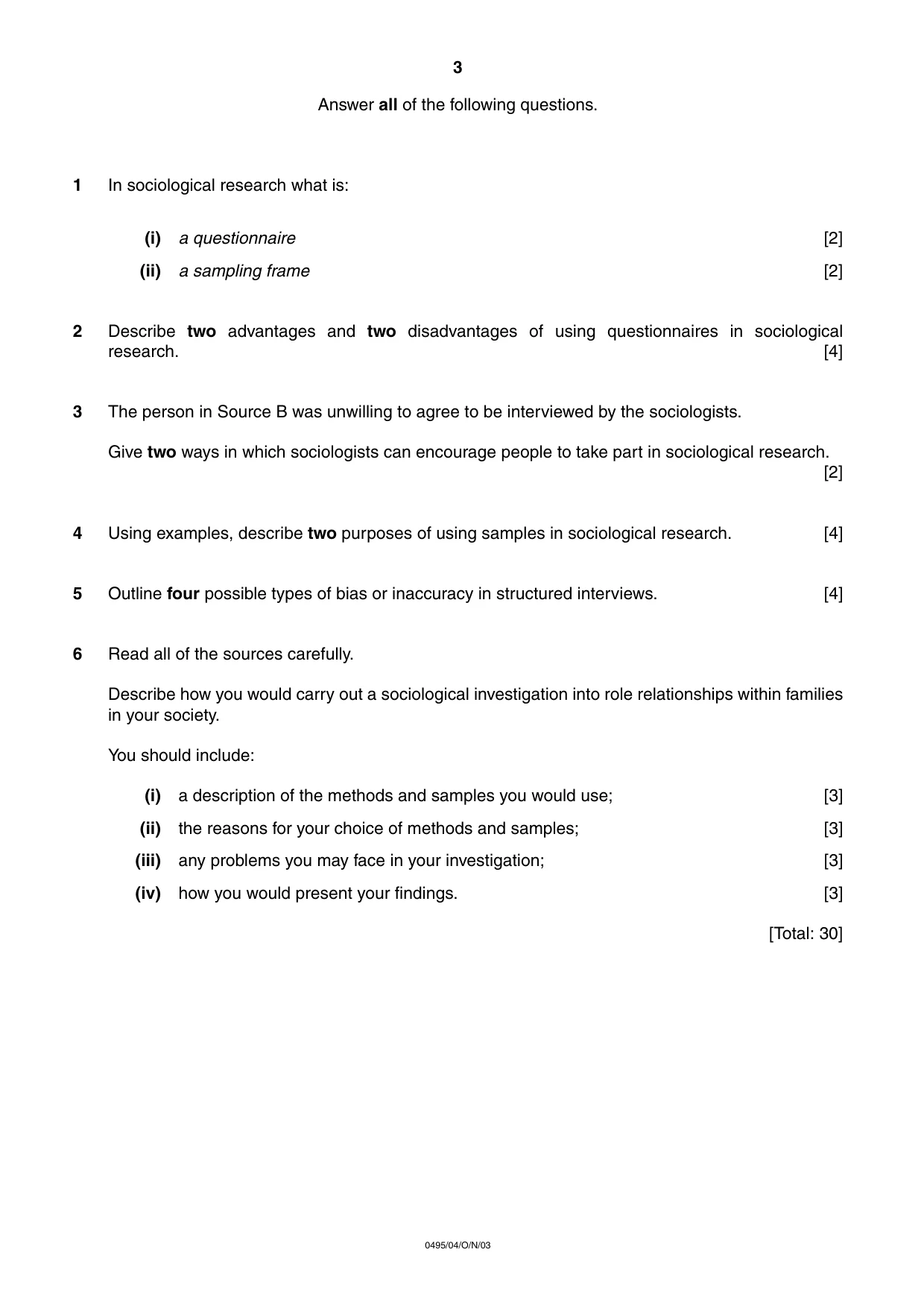 Cambridge IGCSE Sociology 0495 2003 Oct/Nov Paper 4 · Variant 1 question paper, page 3 of 4