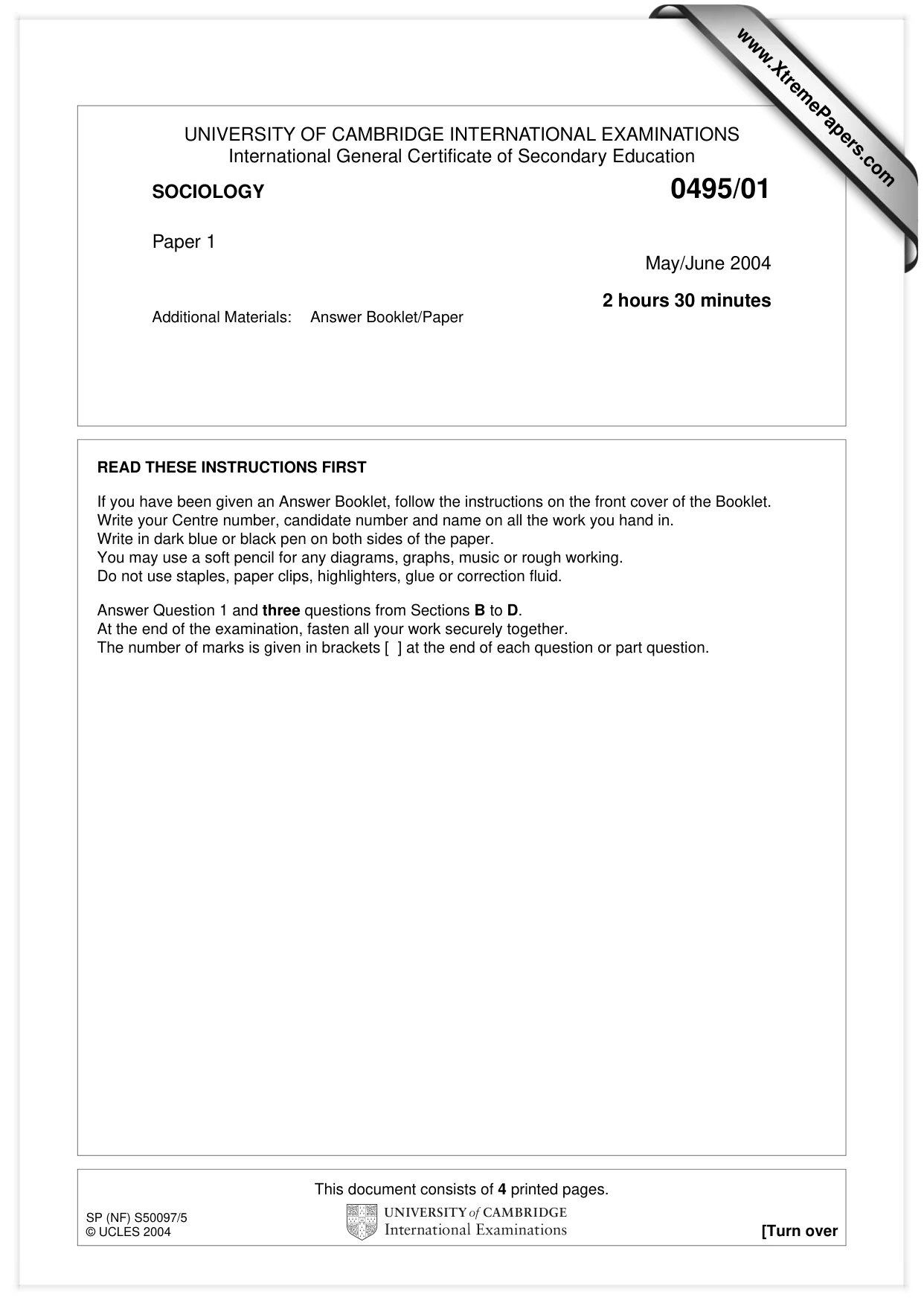Cambridge IGCSE Sociology 0495 2004 May/June Paper 1 · Variant 1 question paper, page 1 of 4