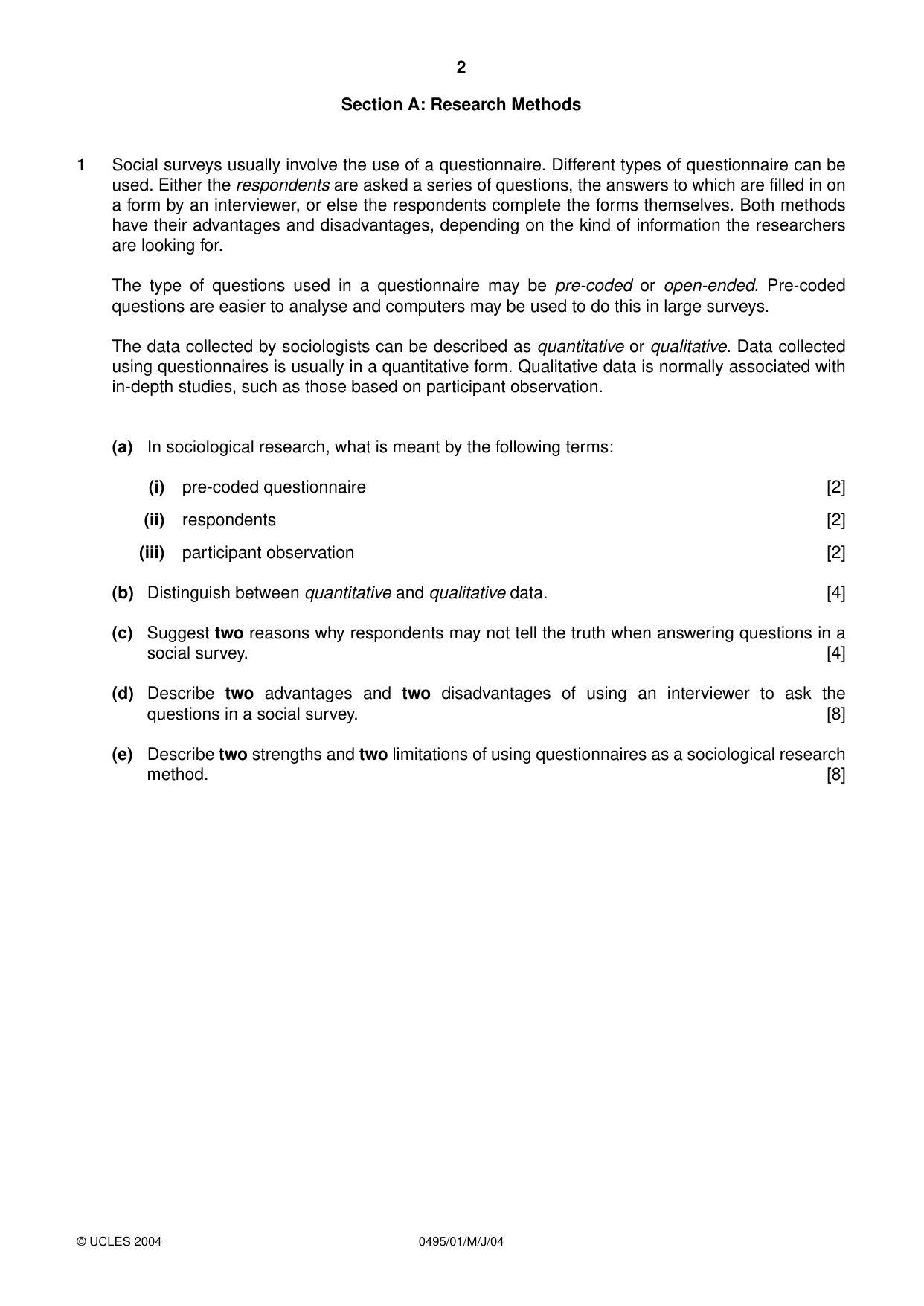 Cambridge IGCSE Sociology 0495 2004 May/June Paper 1 · Variant 1 question paper, page 2 of 4