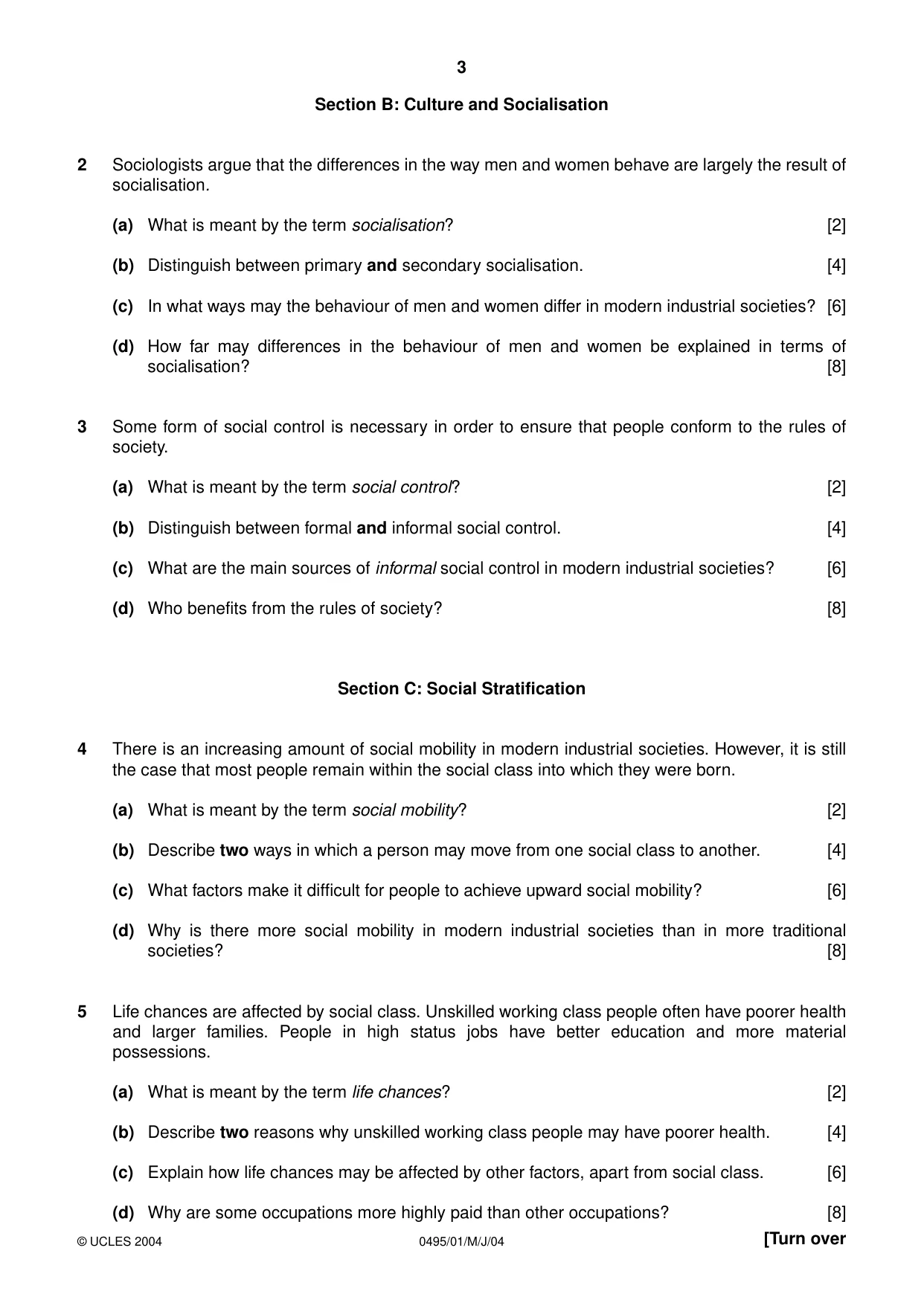 Cambridge IGCSE Sociology 0495 2004 May/June Paper 1 · Variant 1 question paper, page 3 of 4