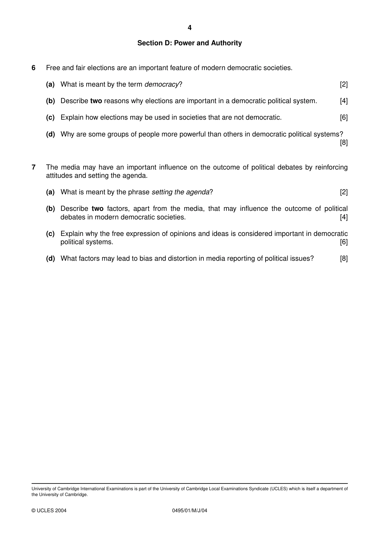 Cambridge IGCSE Sociology 0495 2004 May/June Paper 1 · Variant 1 question paper, page 4 of 4