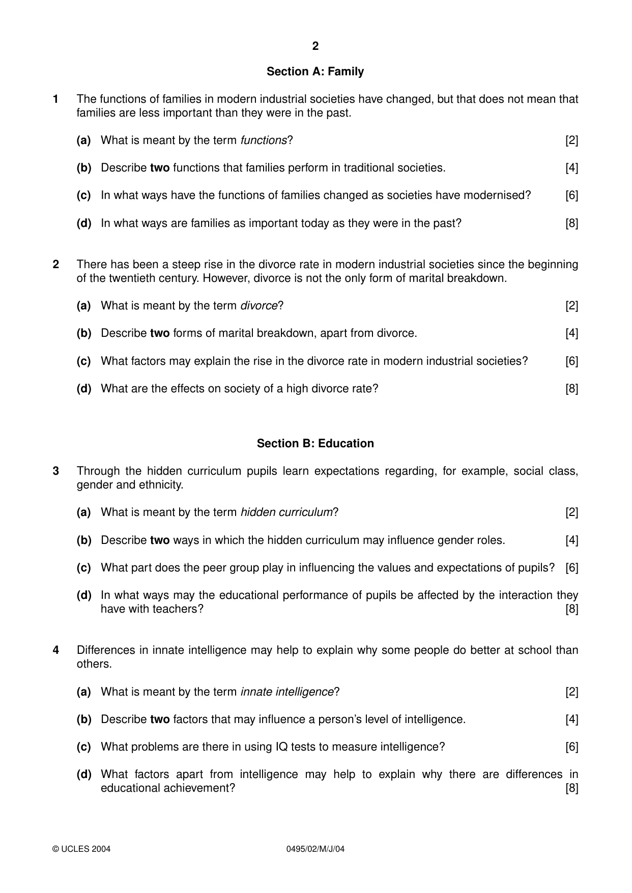 Cambridge IGCSE Sociology 0495 2004 May/June Paper 2 · Variant 1 question paper, page 2 of 4