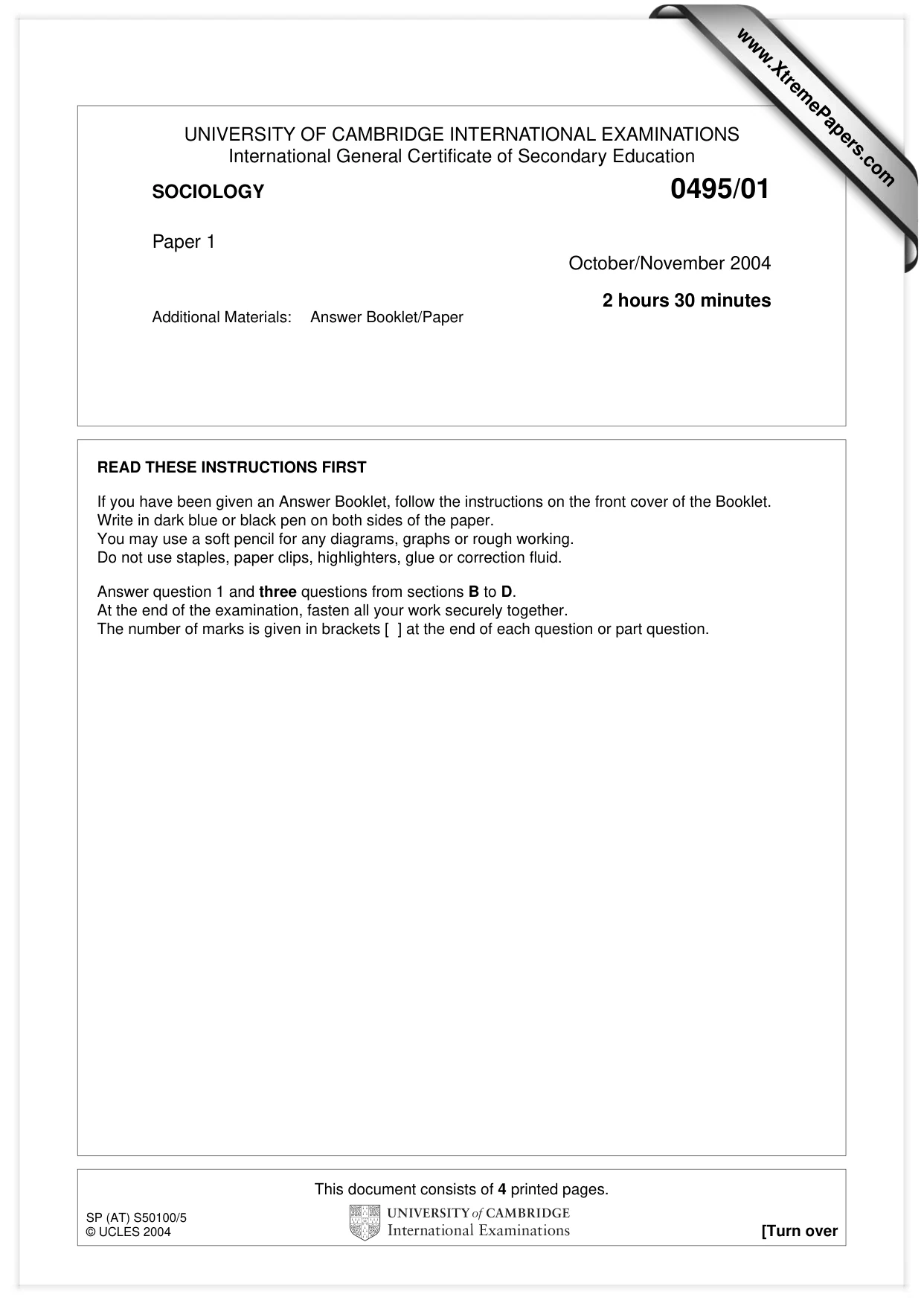 Cambridge IGCSE Sociology 0495 2004 Oct/Nov Paper 1 · Variant 1 question paper, page 1 of 4
