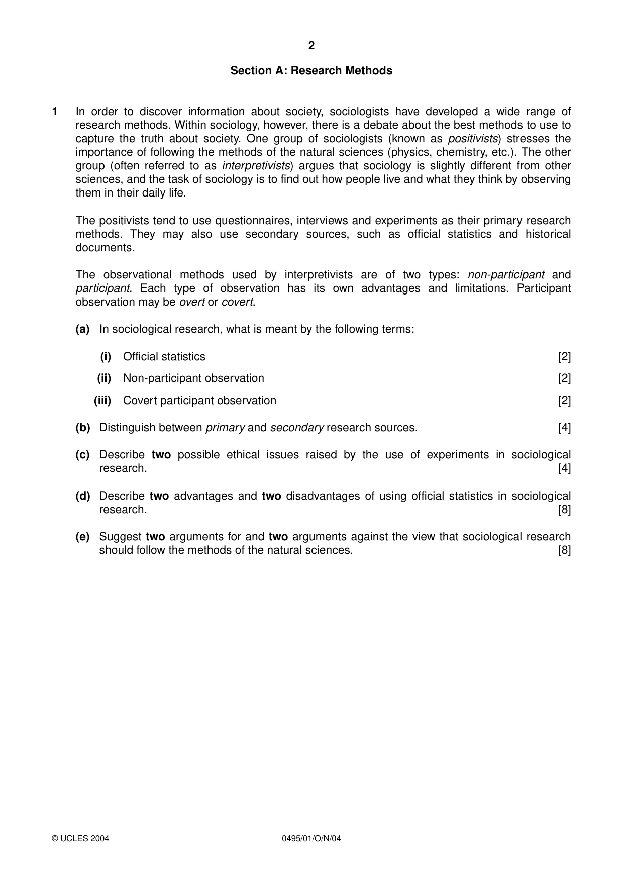 Cambridge IGCSE Sociology 0495 2004 Oct/Nov Paper 1 · Variant 1 question paper, page 2 of 4