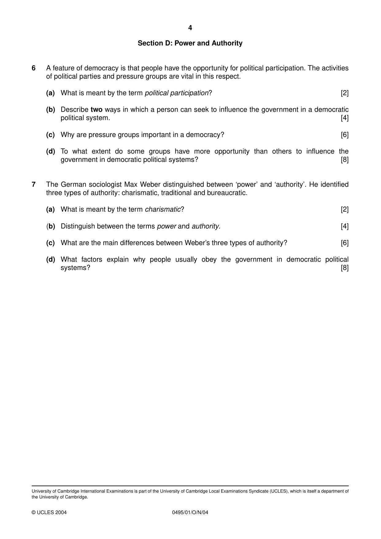 Cambridge IGCSE Sociology 0495 2004 Oct/Nov Paper 1 · Variant 1 question paper, page 4 of 4