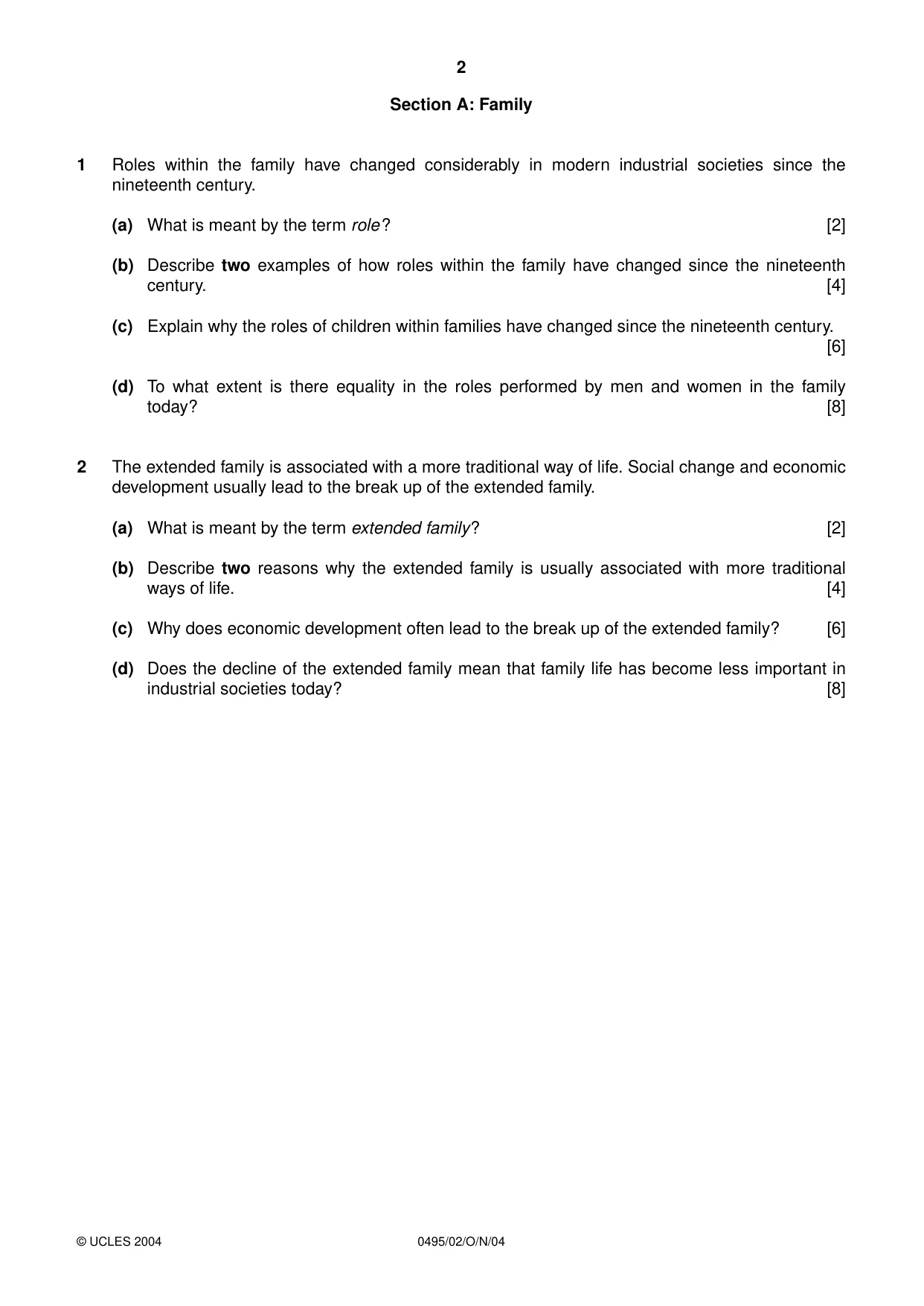 Cambridge IGCSE Sociology 0495 2004 Oct/Nov Paper 2 · Variant 1 question paper, page 2 of 4