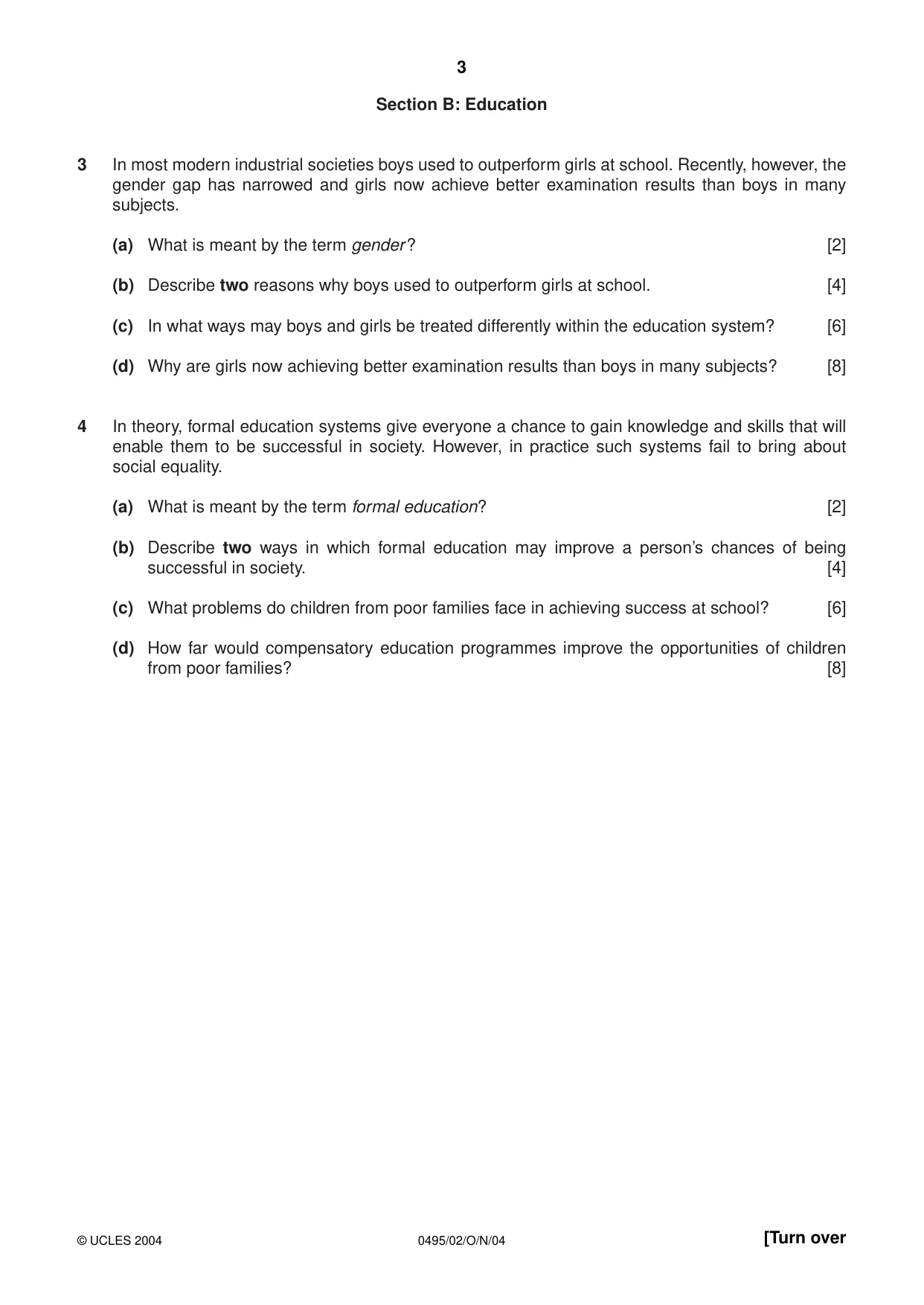 Cambridge IGCSE Sociology 0495 2004 Oct/Nov Paper 2 · Variant 1 question paper, page 3 of 4