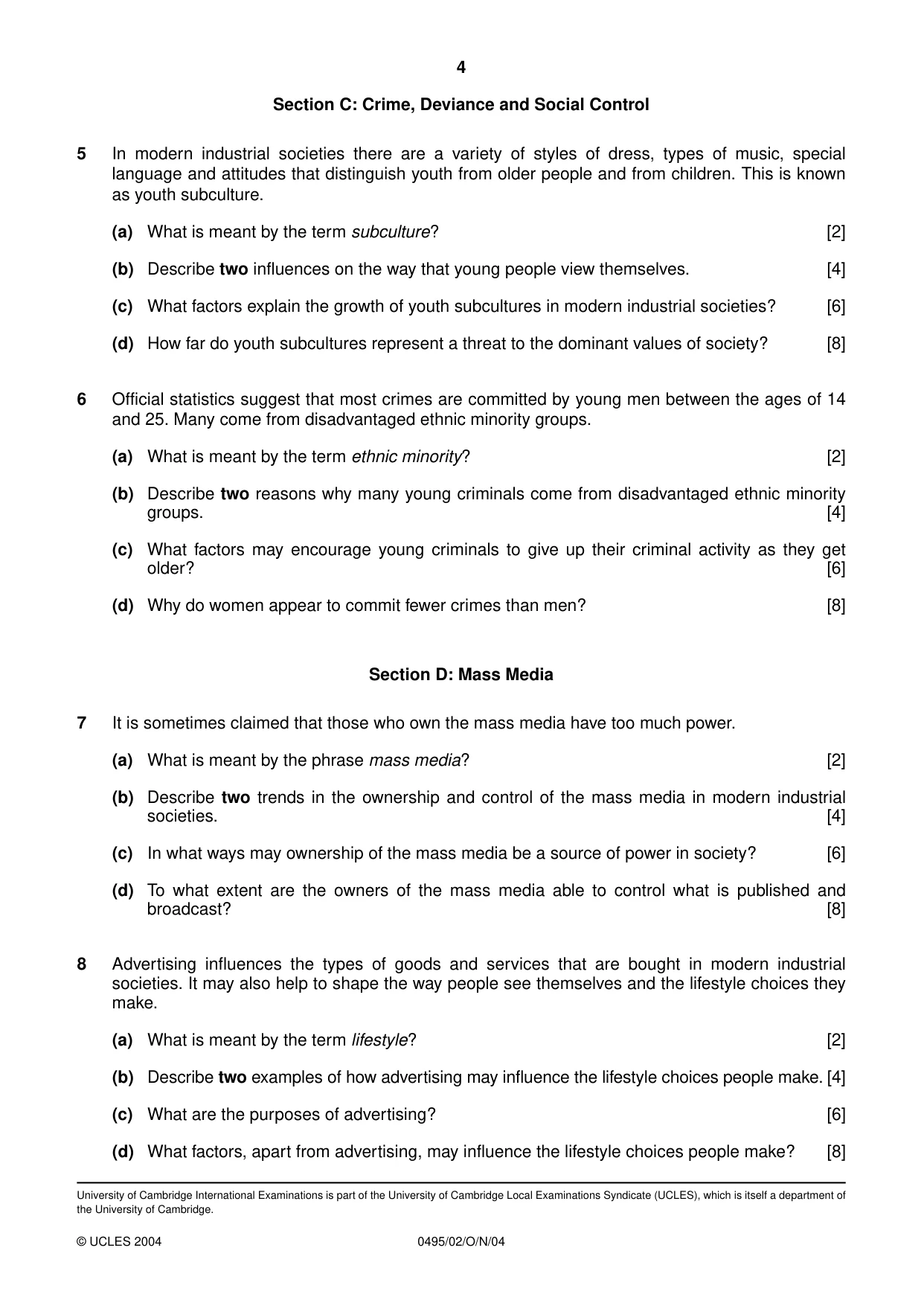Cambridge IGCSE Sociology 0495 2004 Oct/Nov Paper 2 · Variant 1 question paper, page 4 of 4