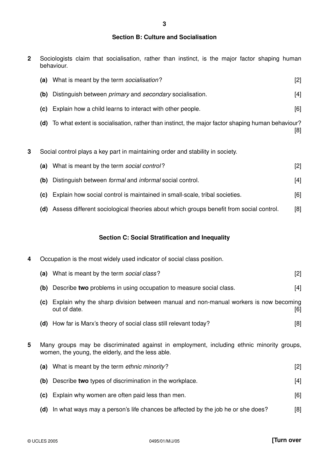 Cambridge IGCSE Sociology 0495 2005 May/June Paper 1 · Variant 1 question paper, page 3 of 4