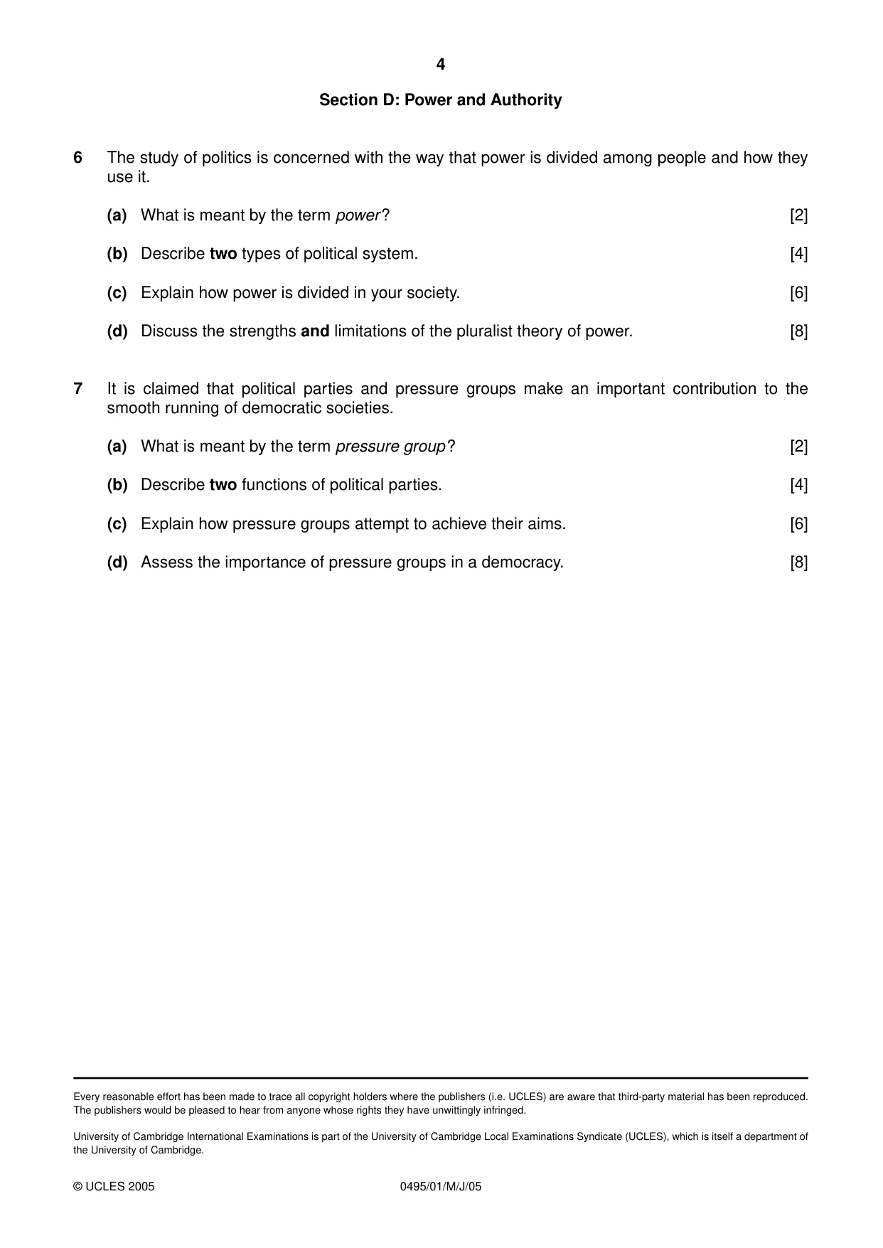 Cambridge IGCSE Sociology 0495 2005 May/June Paper 1 · Variant 1 question paper, page 4 of 4