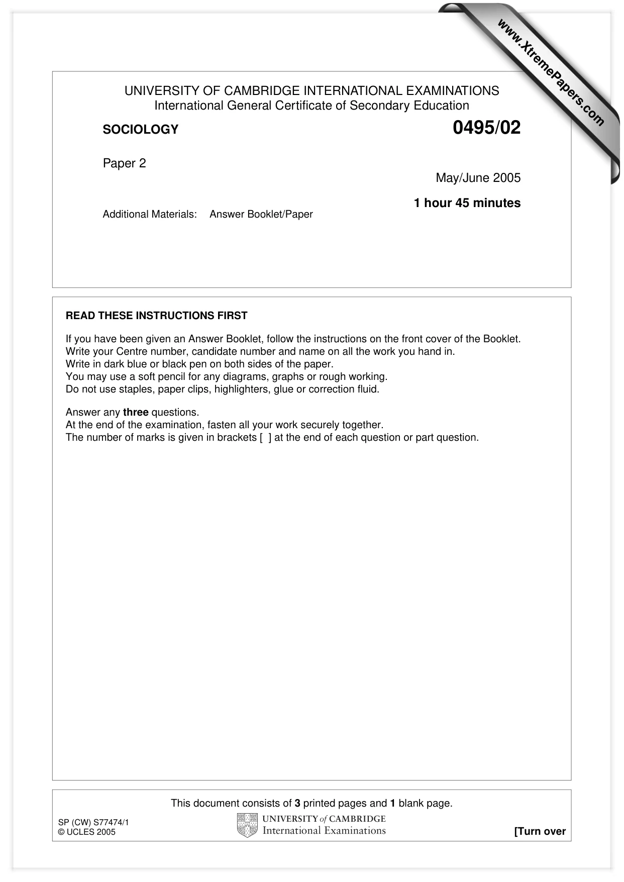 Cambridge IGCSE Sociology 0495 2005 May/June Paper 2 · Variant 1 question paper, page 1 of 4